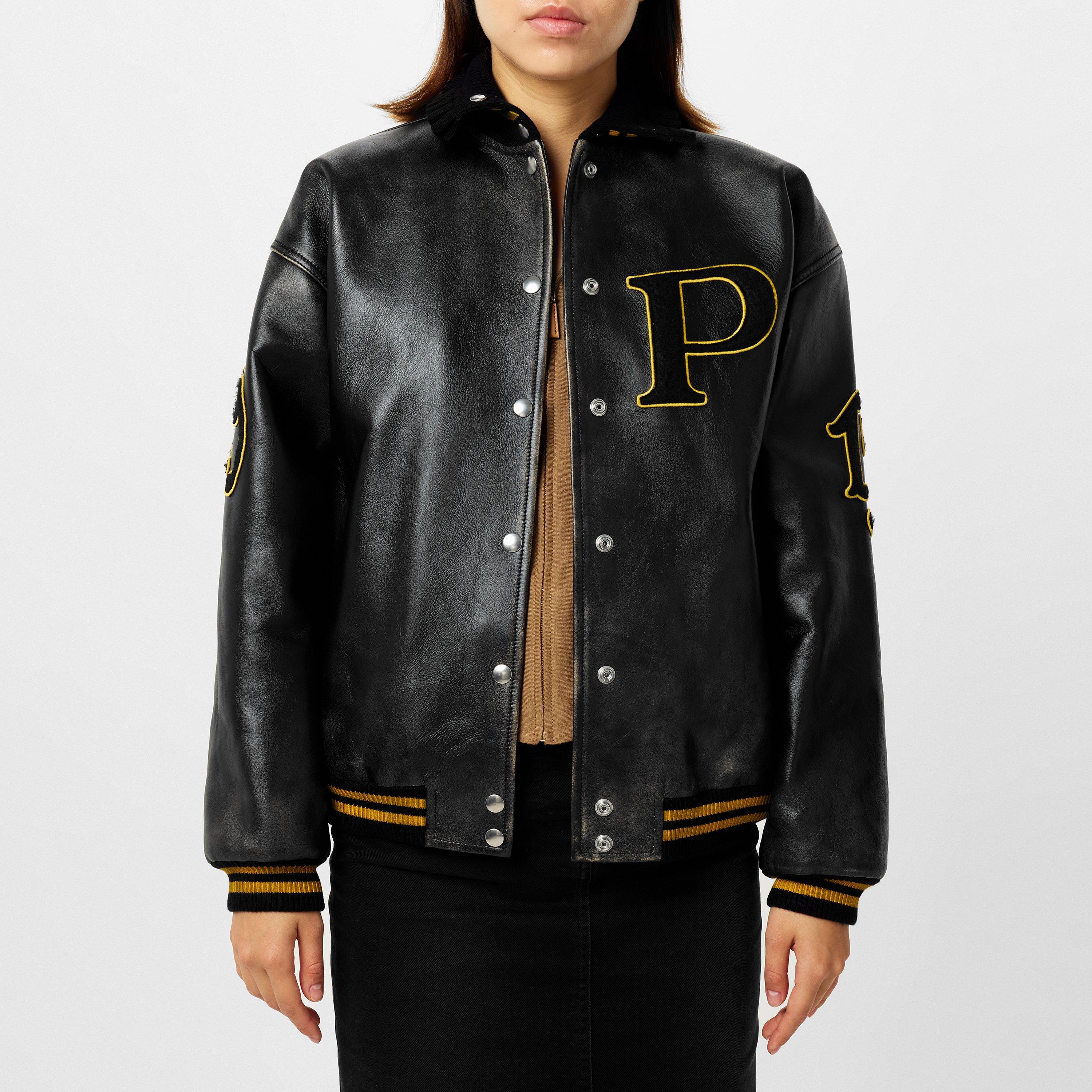 Nero - Prada - Women's Varsity Bomber Leather Long Sleeve Jacket - 3