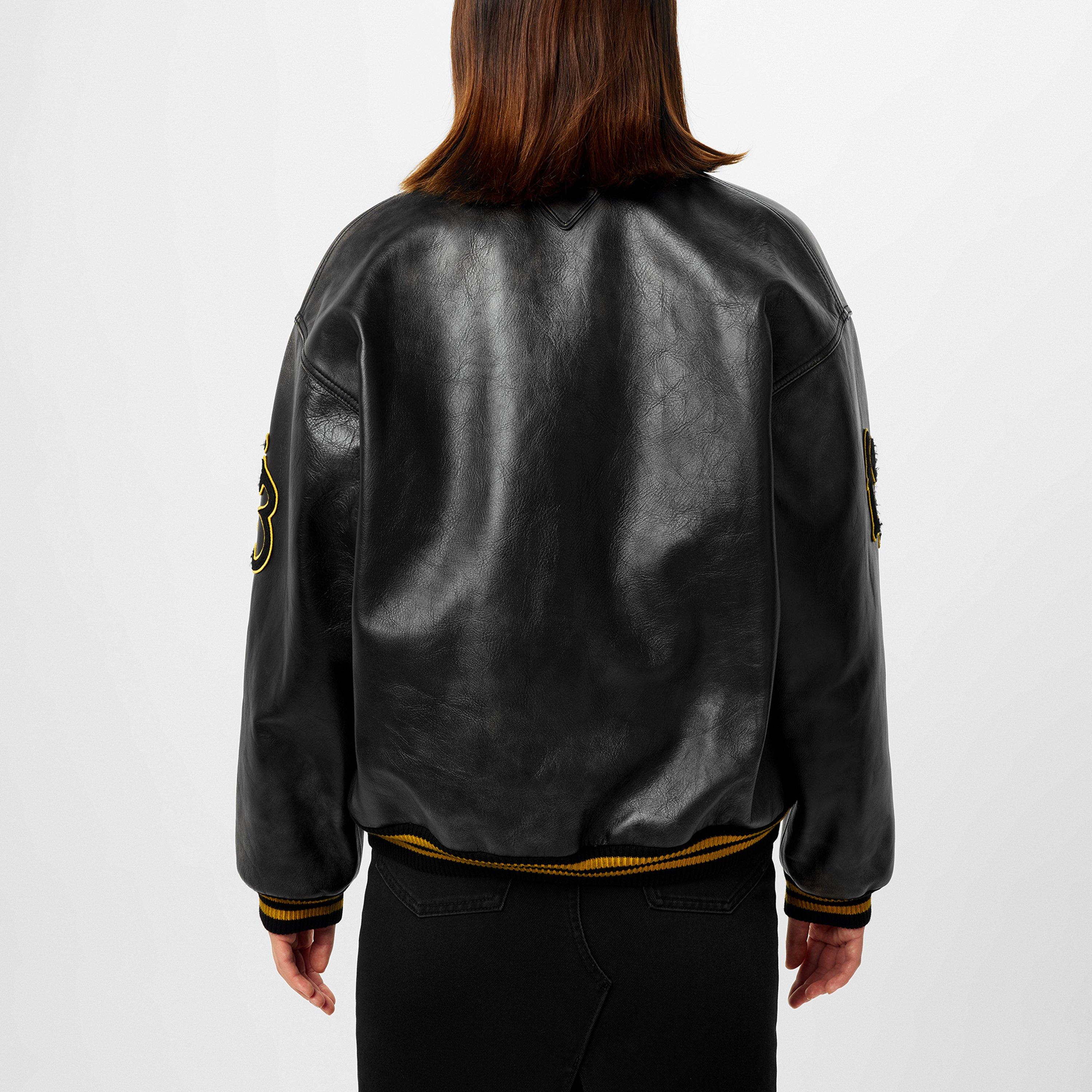 Nero - Prada - Women's Varsity Bomber Leather Long Sleeve Jacket - 4