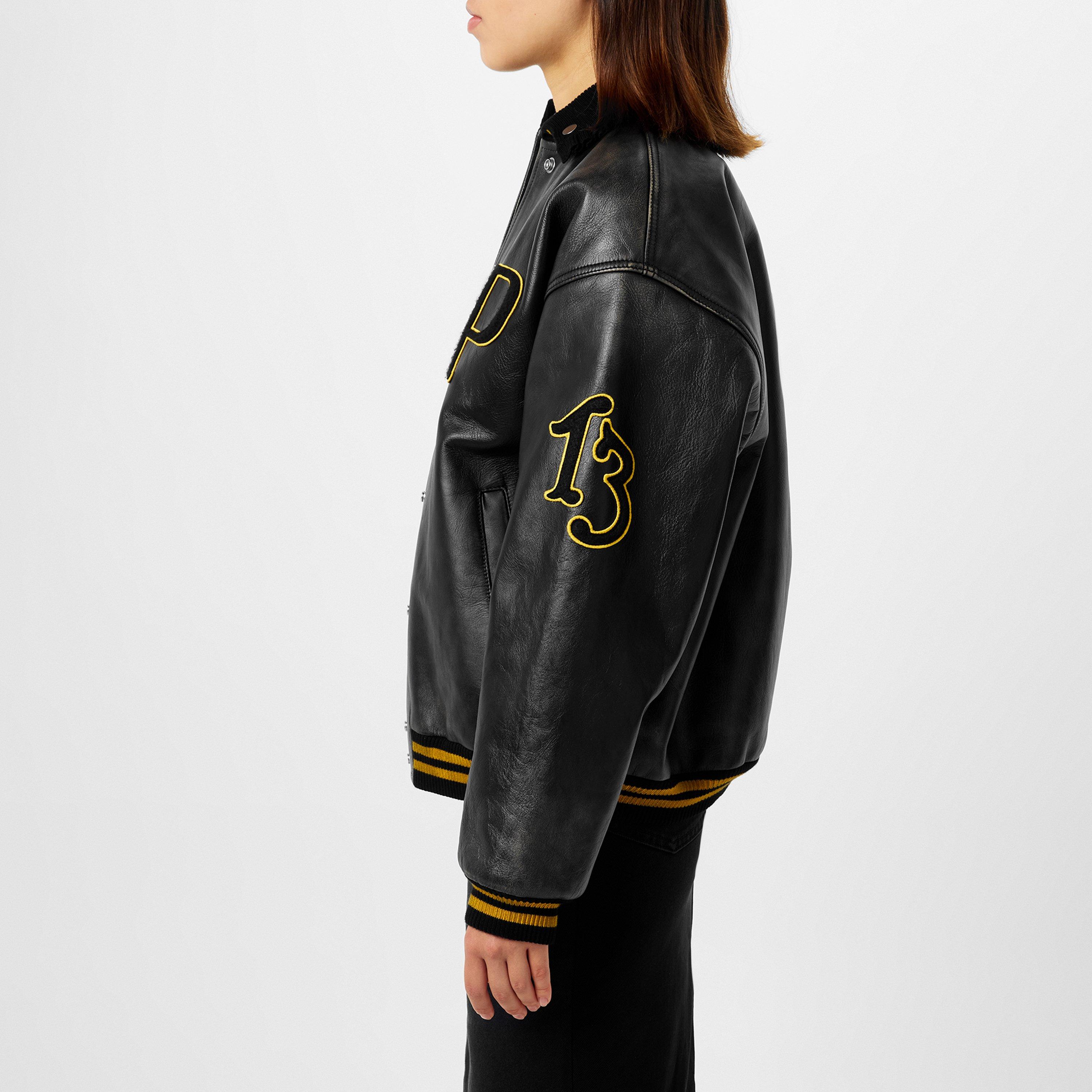 Nero - Prada - Women's Varsity Bomber Leather Long Sleeve Jacket - 5