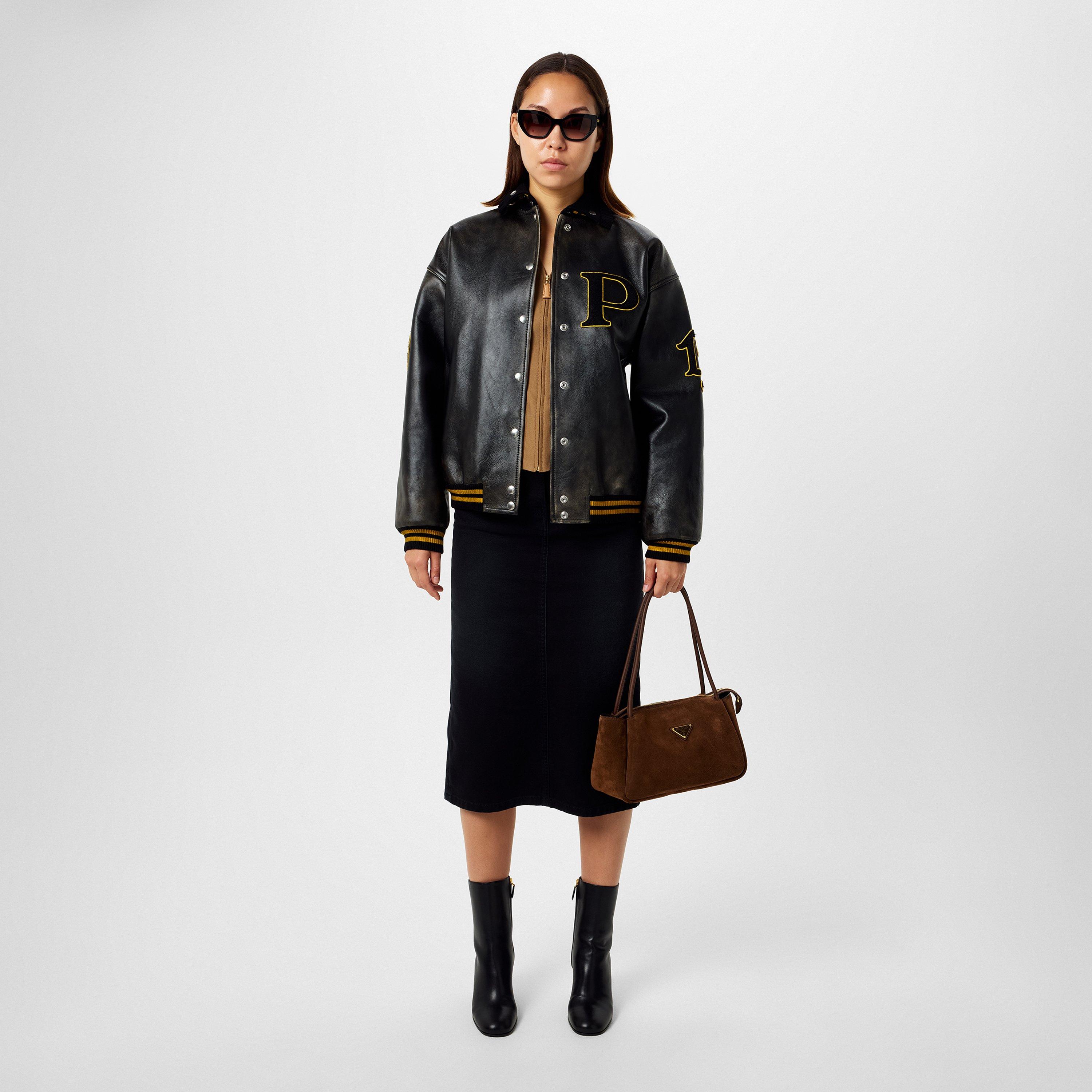 Nero - Prada - Women's Varsity Bomber Leather Long Sleeve Jacket - 6