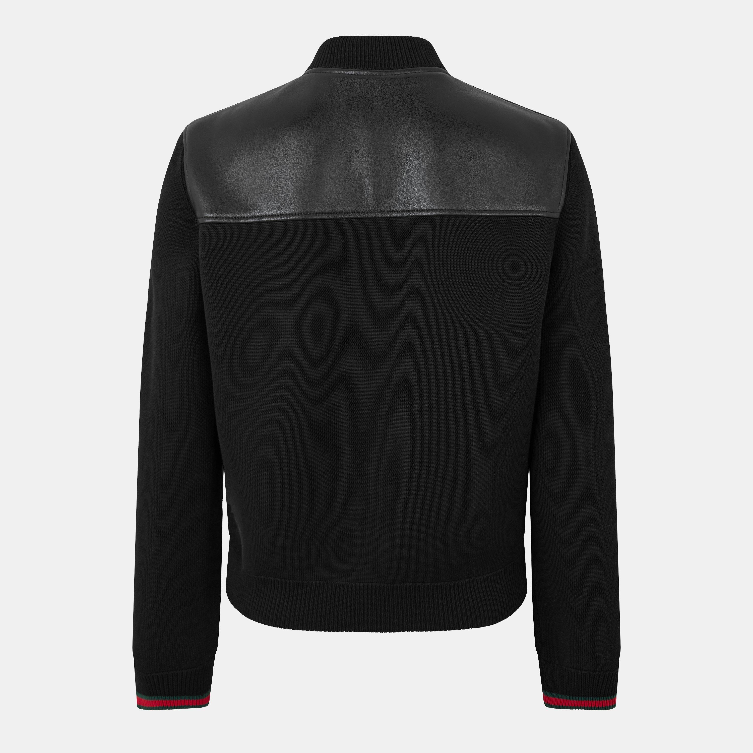 Black/Green/Red - Gucci - Men's  Nappa Leather Knit Long Sleeve Leather Jacket - 2