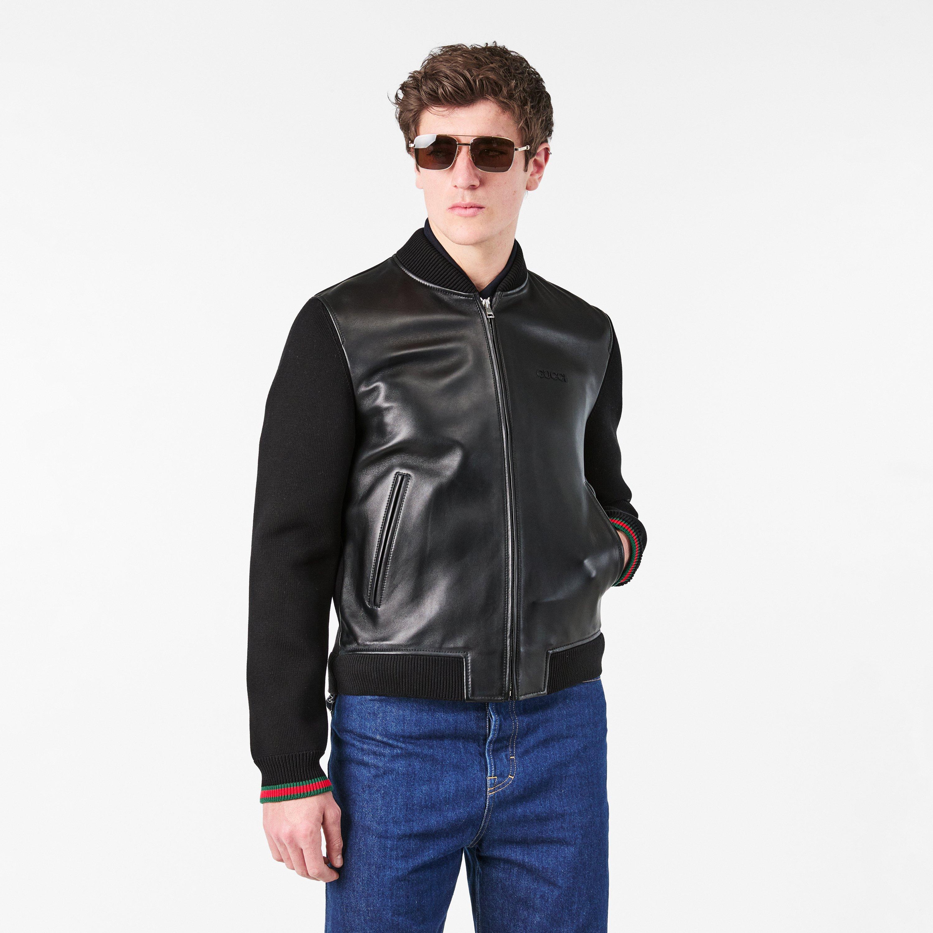 Black/Green/Red - Gucci - Men's  Nappa Leather Knit Long Sleeve Leather Jacket - 3