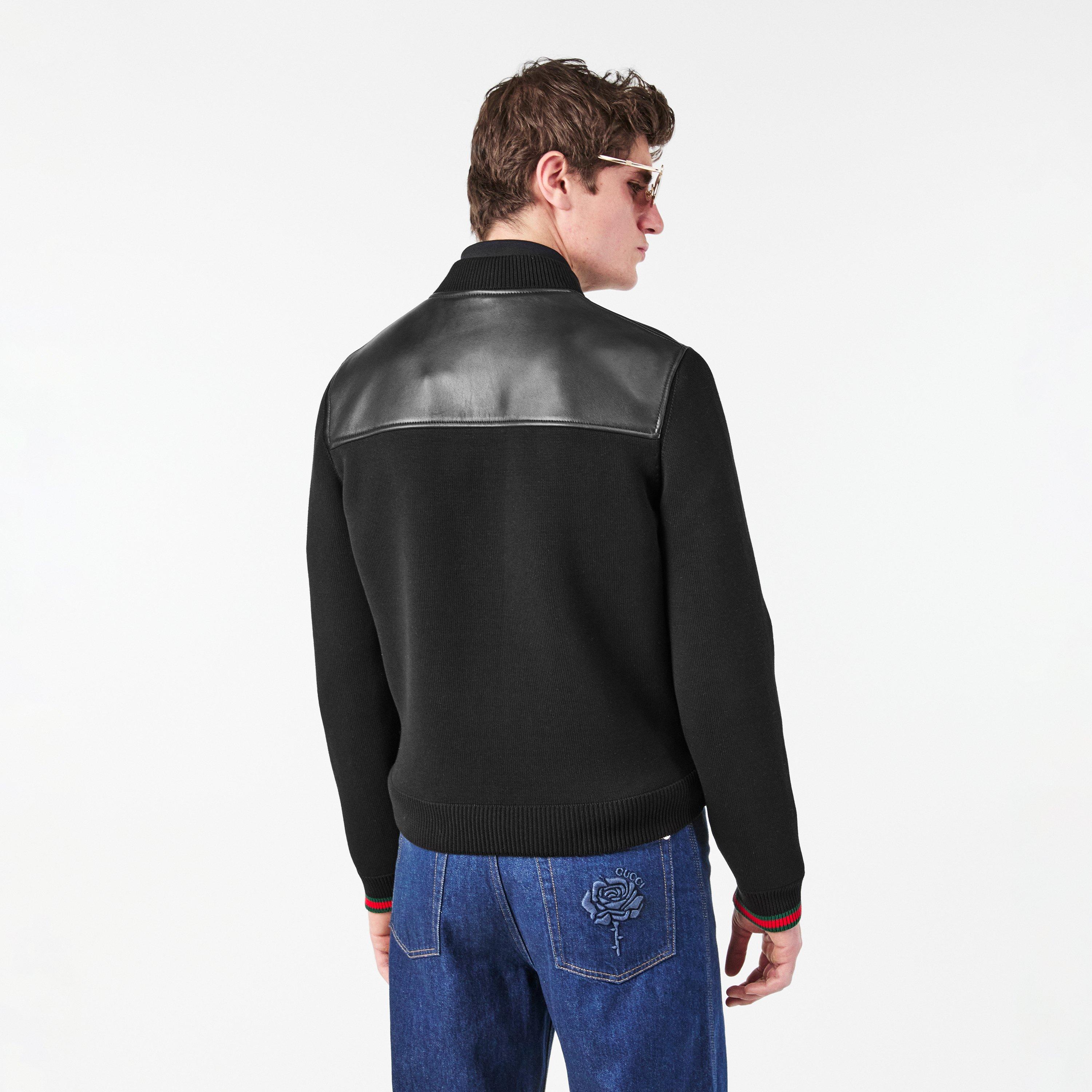 Black/Green/Red - Gucci - Men's  Nappa Leather Knit Long Sleeve Leather Jacket - 4