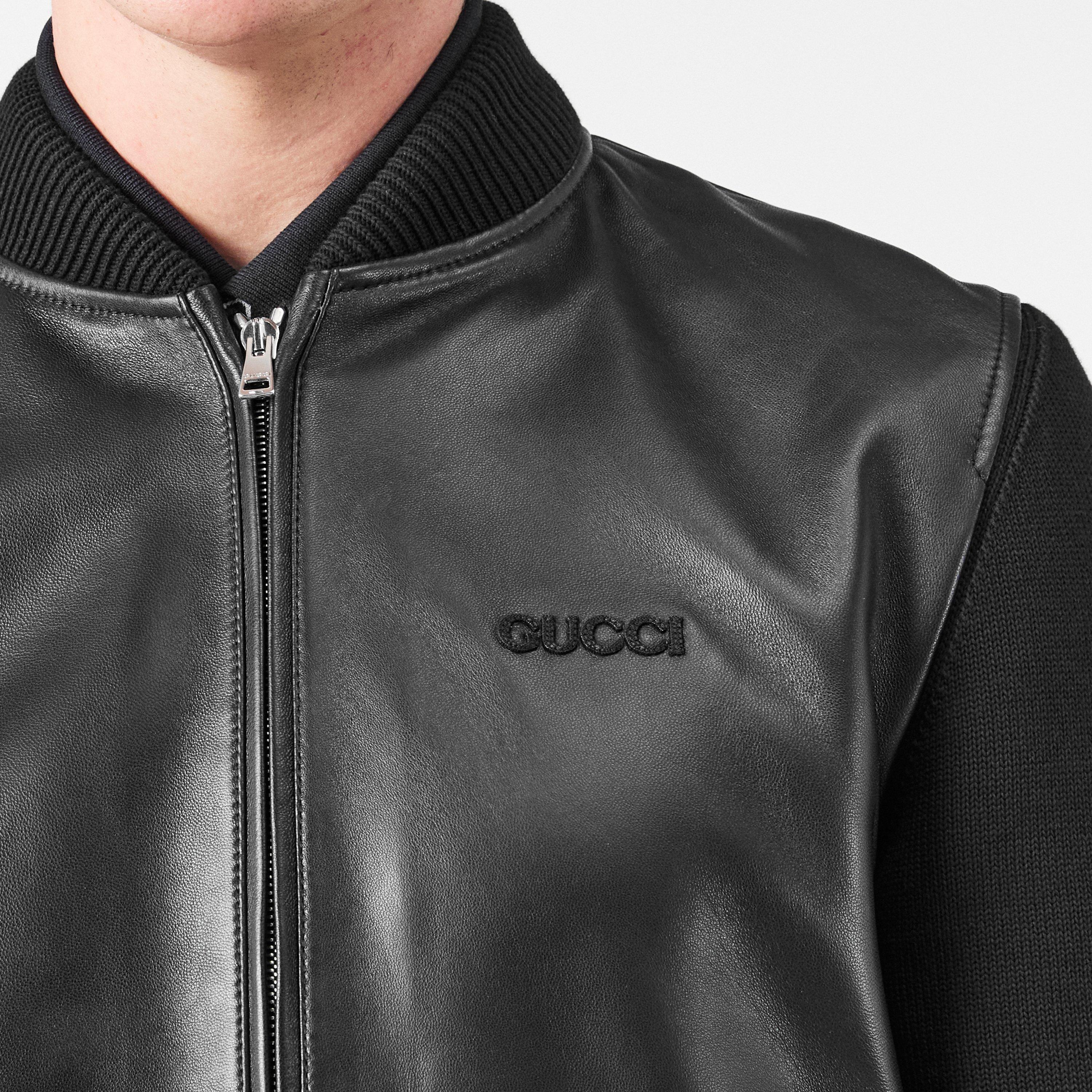 Black/Green/Red - Gucci - Men's  Nappa Leather Knit Long Sleeve Leather Jacket - 5