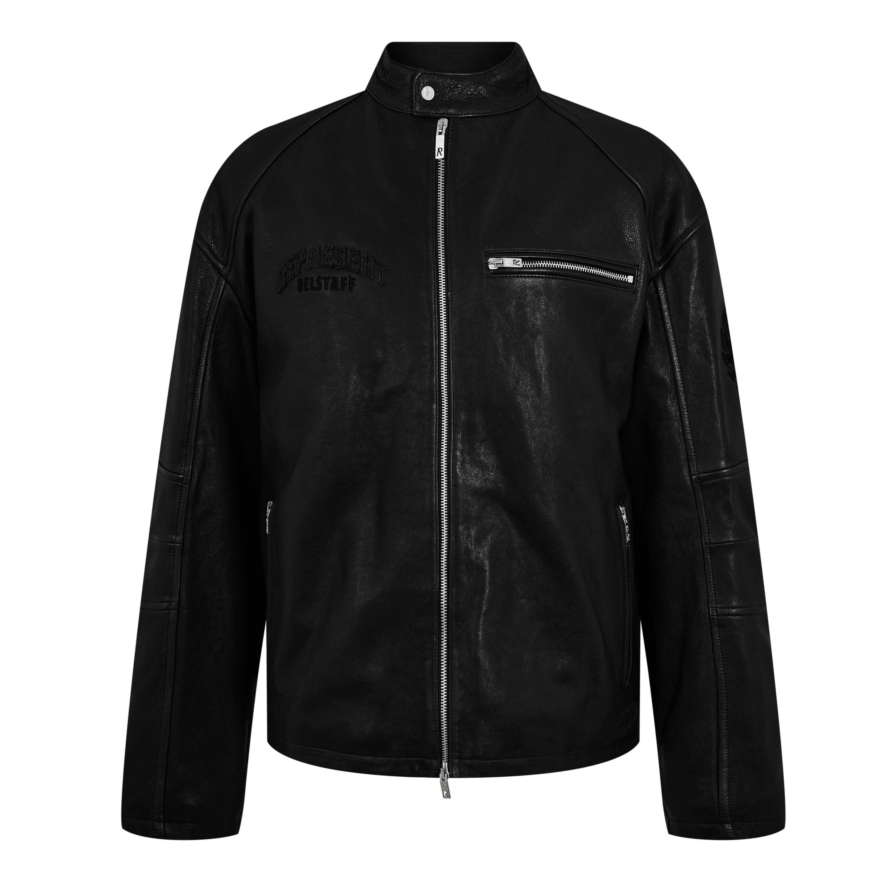 Black - Represent - Men's Rep Leather Race Jacket, Road-worn Design - 5