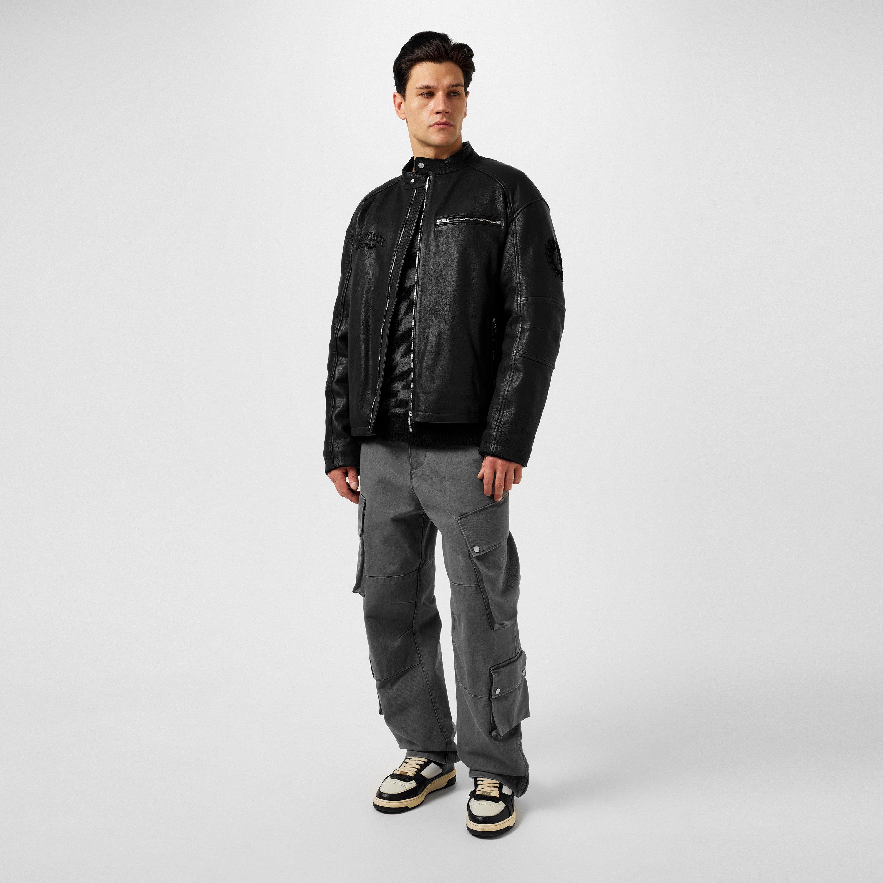 Black - Represent - Men's Rep Leather Race Jacket, Road-worn Design - 4