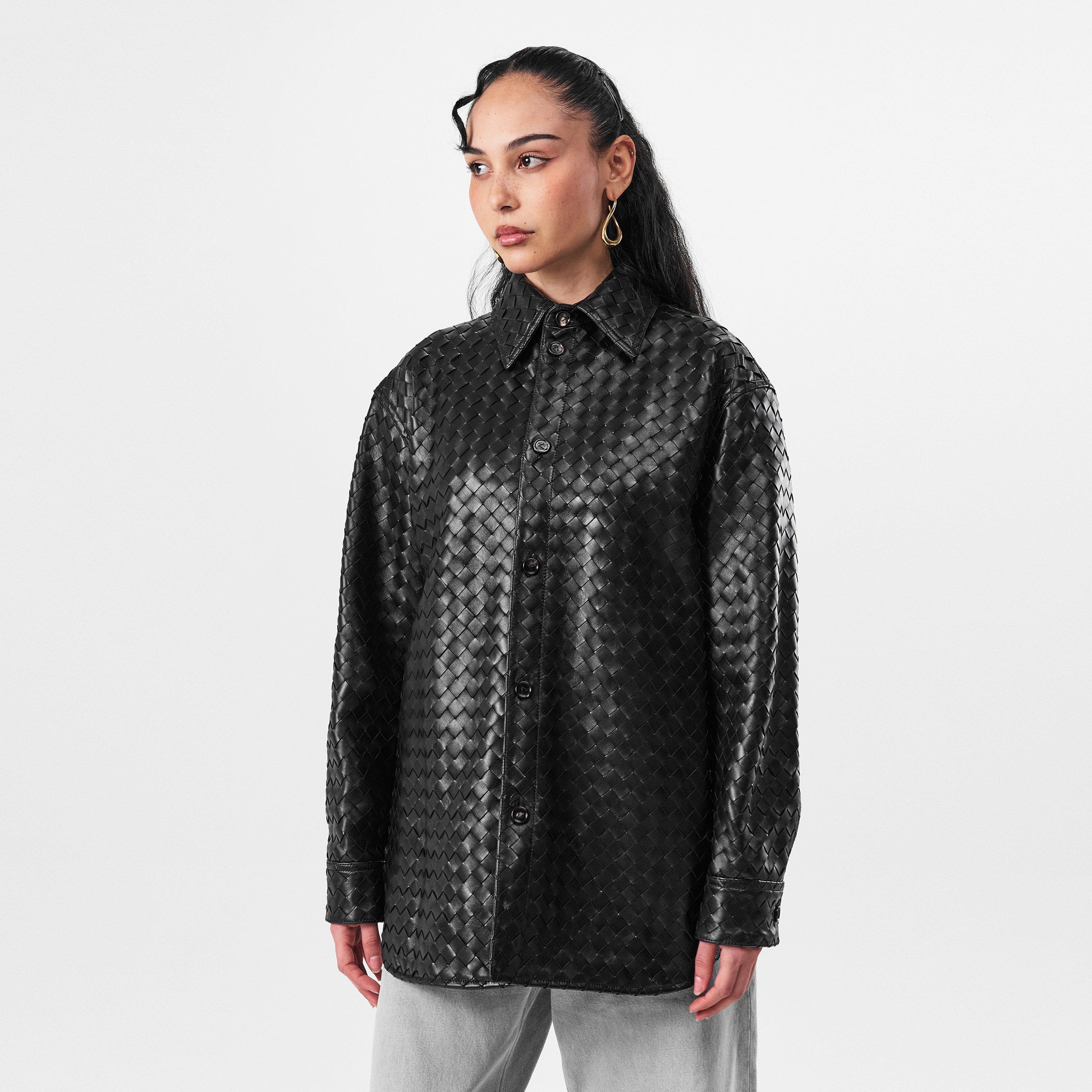Black - Bottega Veneta - Women's Intrecciato Leather Long Sleeve Overshirt - 3
