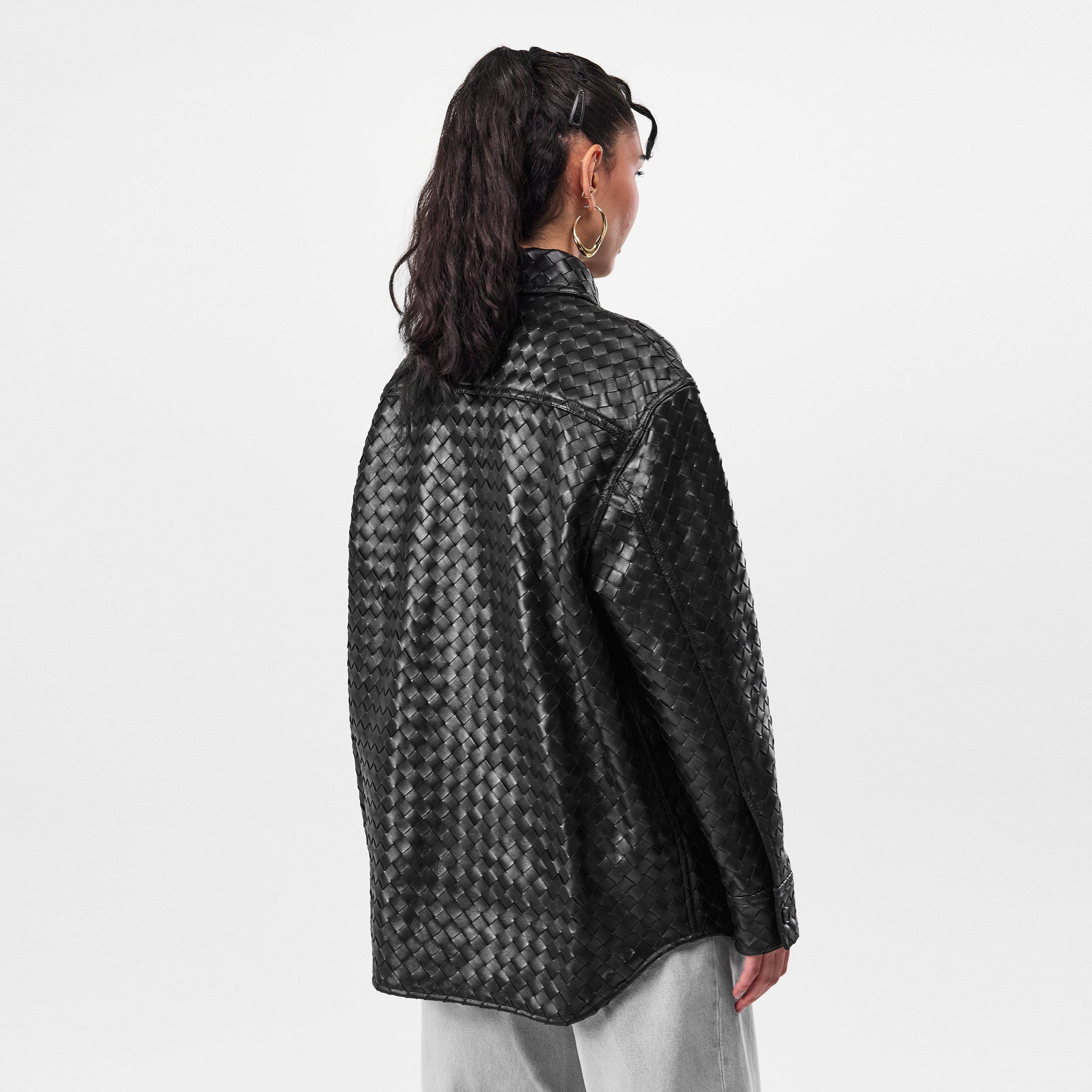 Black - Bottega Veneta - Women's Intrecciato Leather Long Sleeve Overshirt - 4