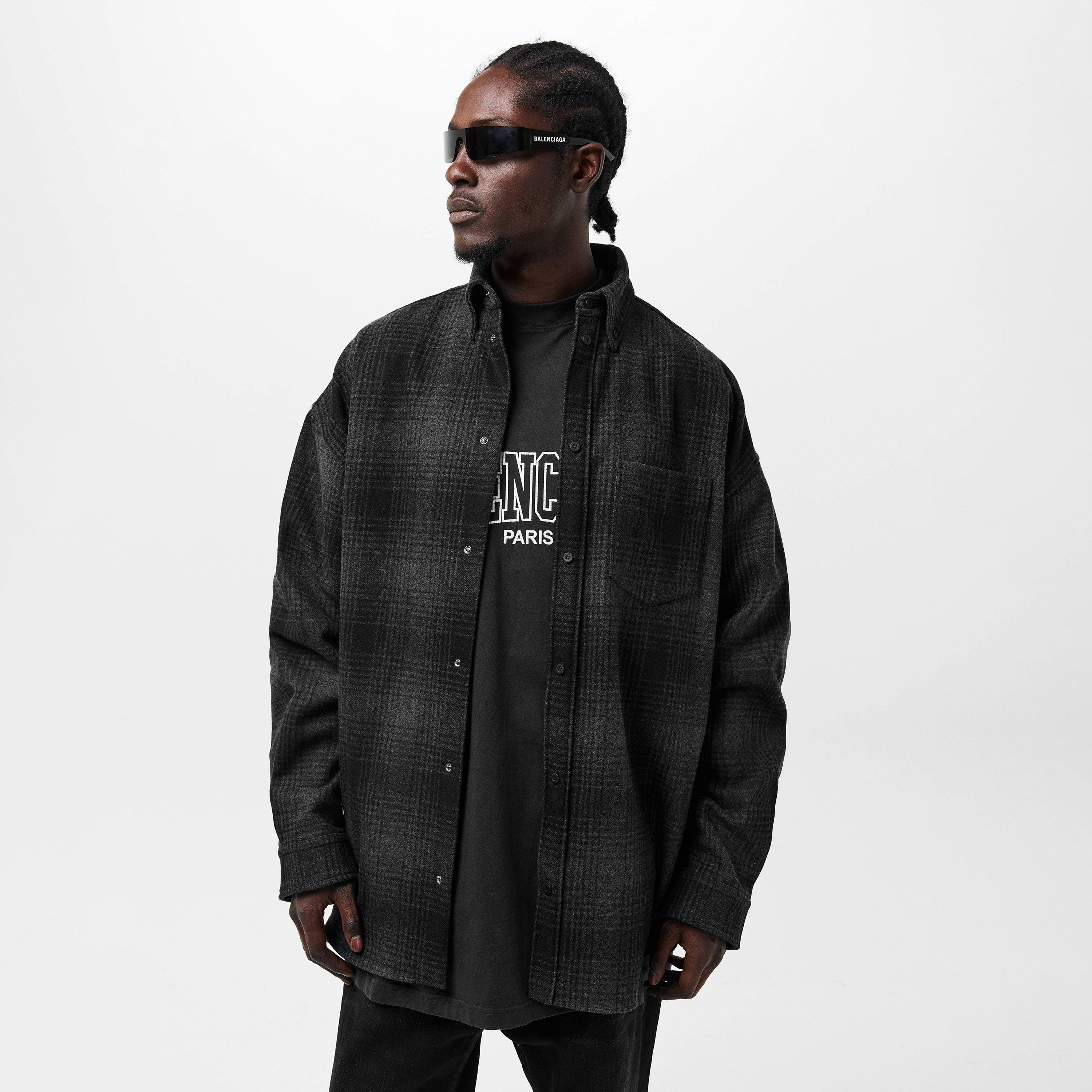 Grey/Black - Balenciaga - Men's Oversized Check Wool Long Sleeve Overshirt - 3