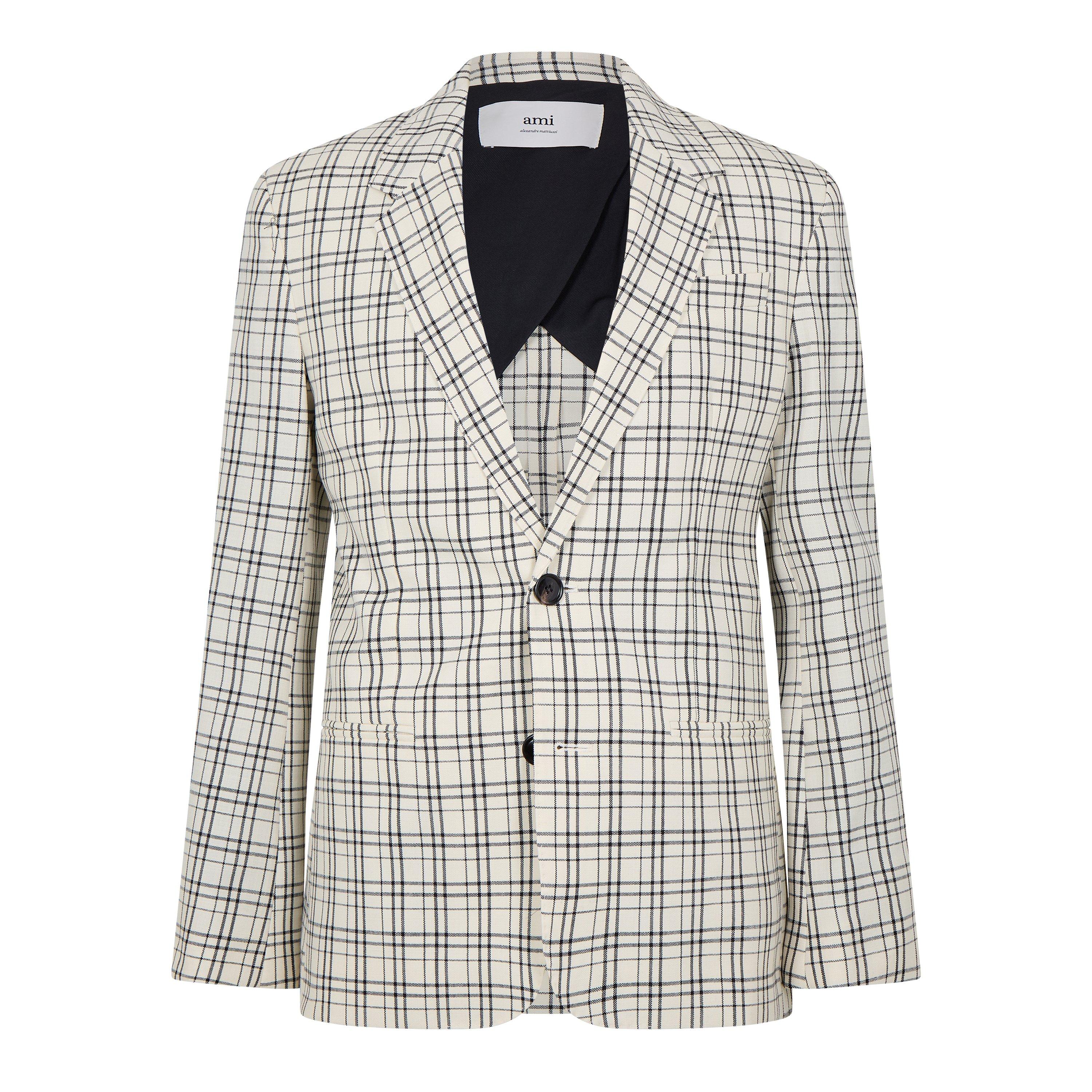 Ami Paris Men's Check Virgin Wool Single Breasted Blazer - Crm/Blk - Medium