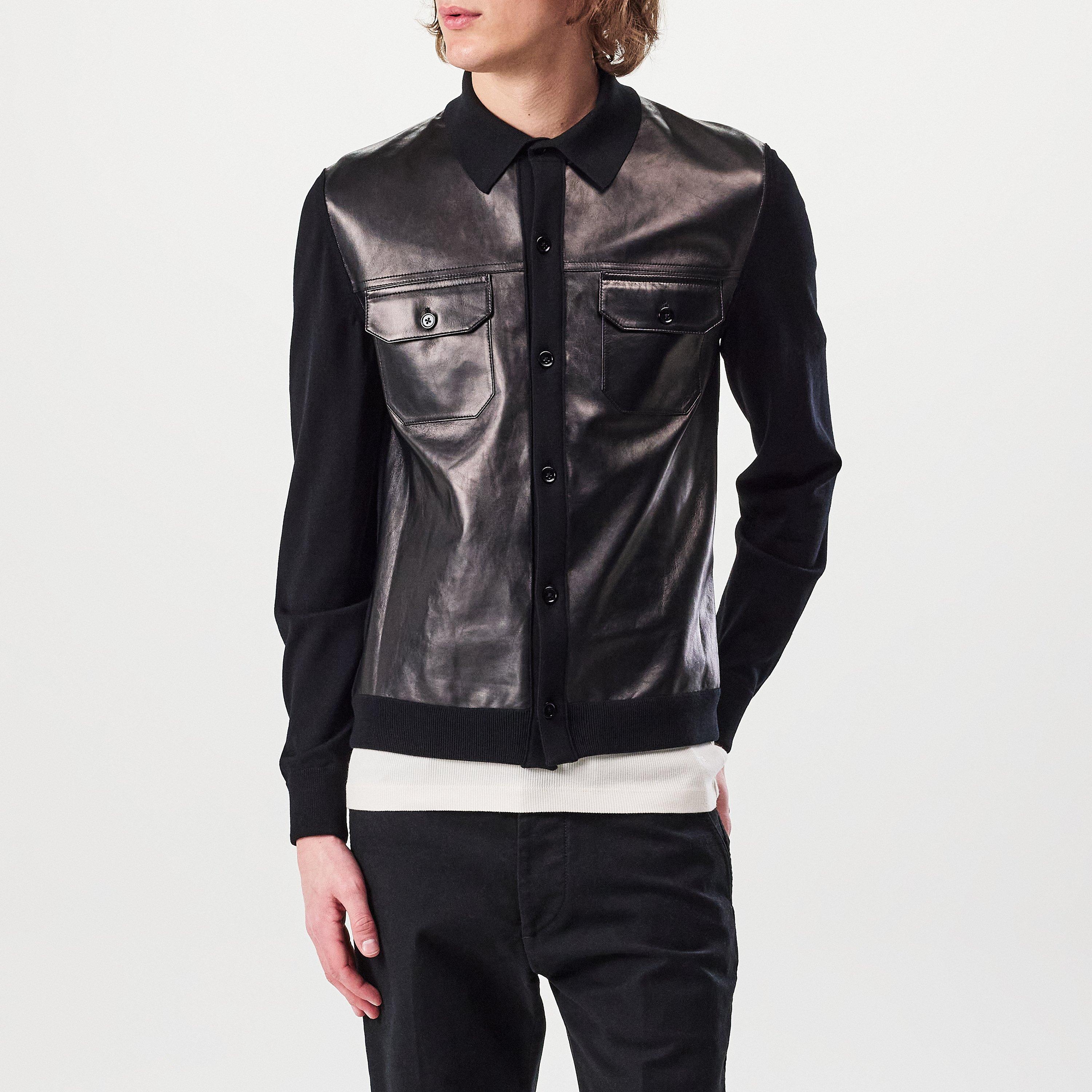 Black - Tom Ford - Men's Leather Panel Long Sleeve Button-Up Overshirt - 3