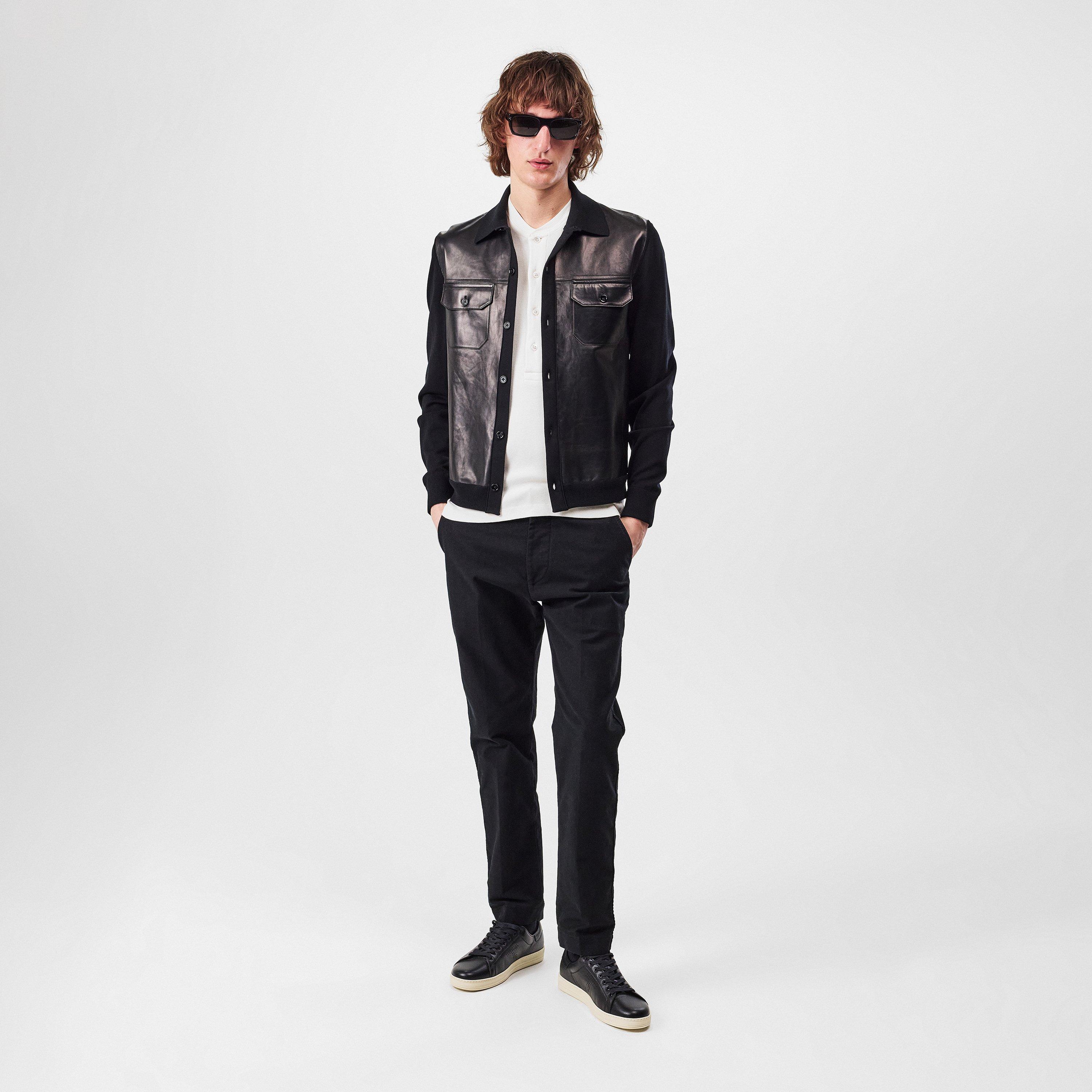 Black - Tom Ford - Men's Leather Panel Long Sleeve Button-Up Overshirt - 5