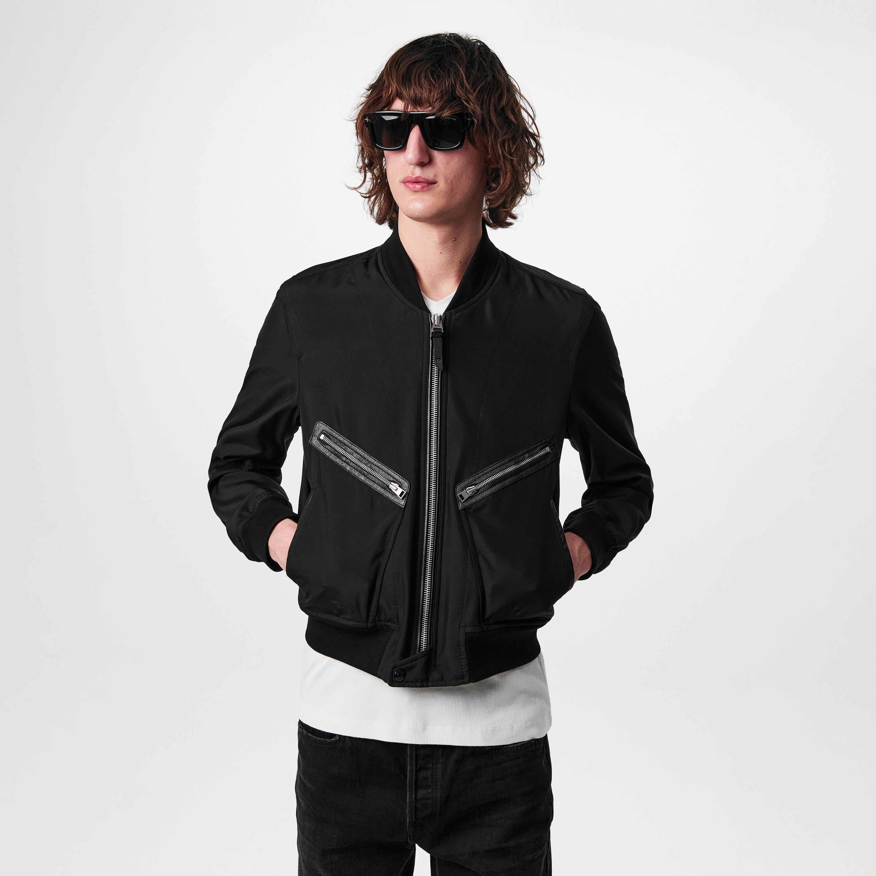 Black - Tom Ford - Men's Poplin Silk Long Sleeve Zip Bomber Jacket - 3