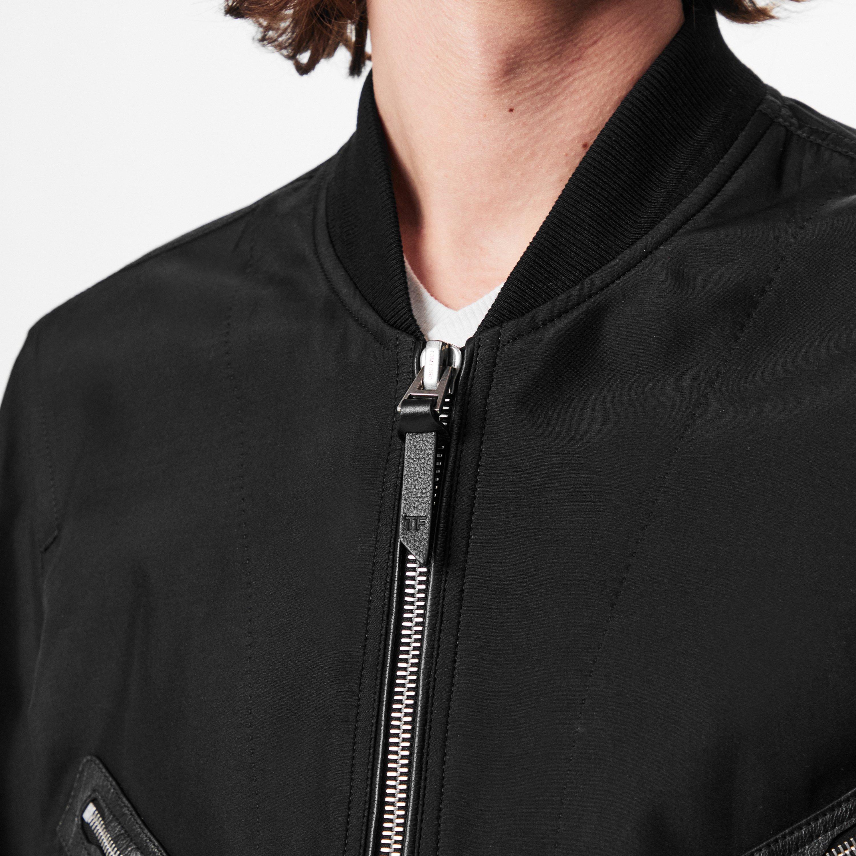 Black - Tom Ford - Men's Poplin Silk Long Sleeve Zip Bomber Jacket - 5
