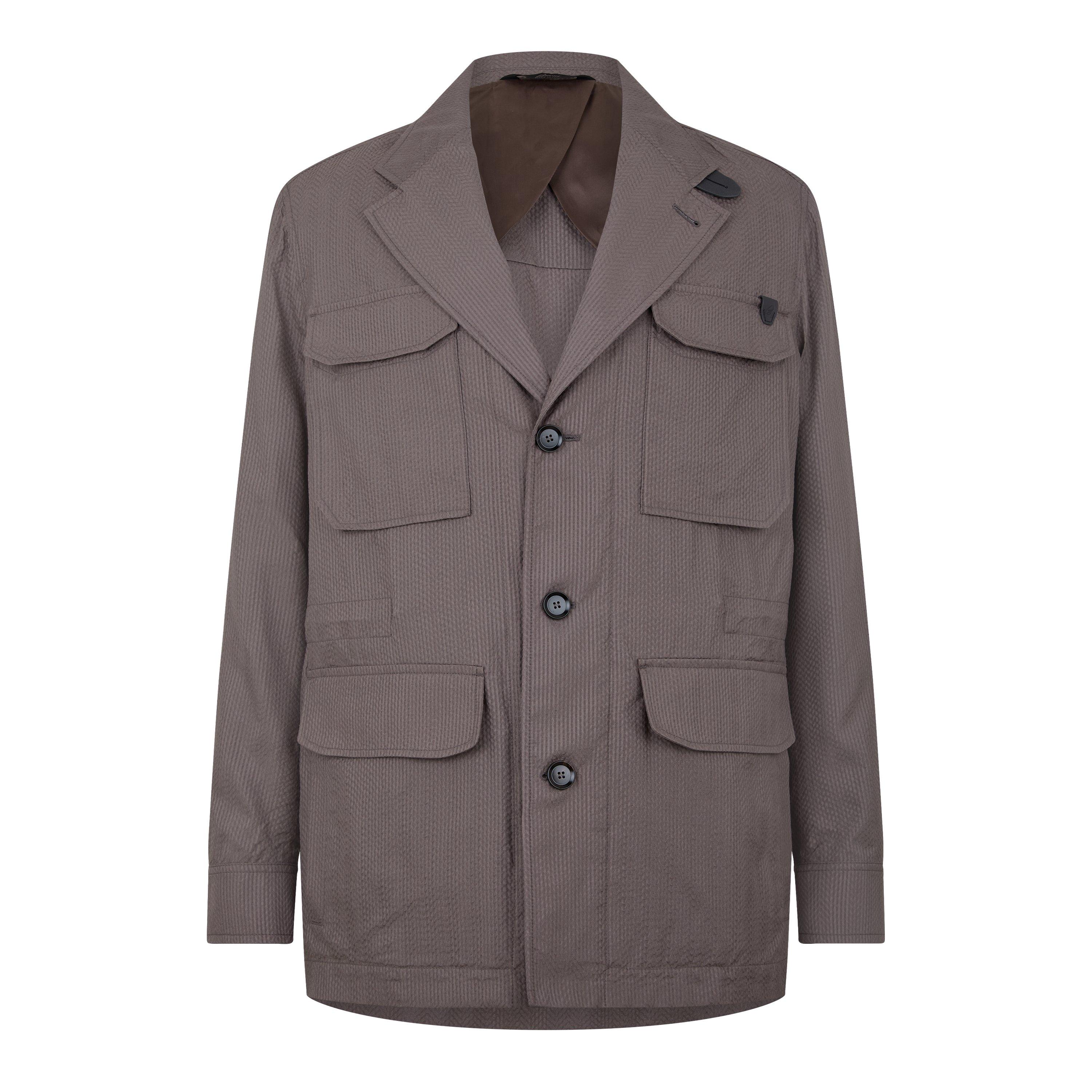 Taupe - Brioni - Men's Seersucker Long Sleeve Blazer - 1