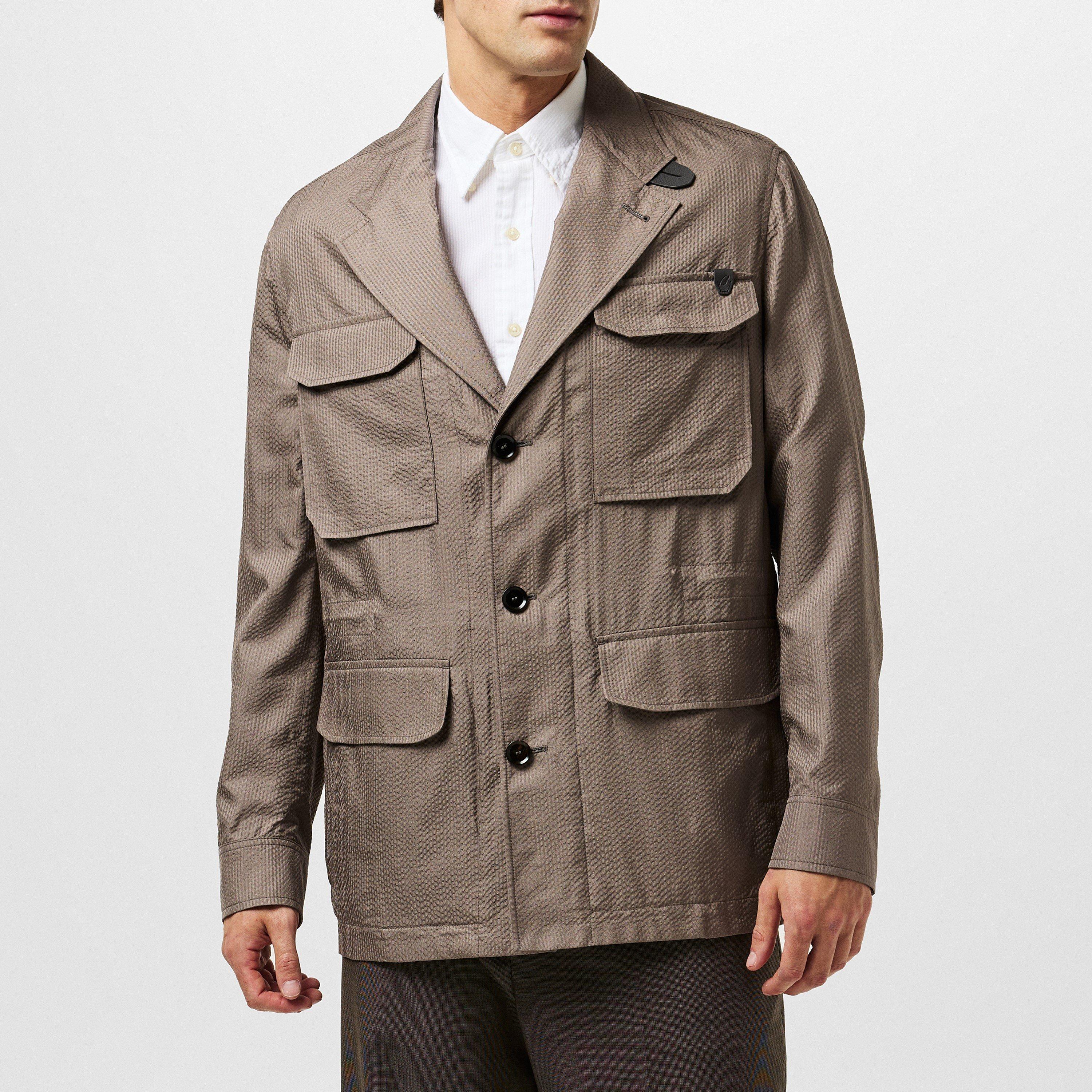 Taupe - Brioni - Men's Seersucker Long Sleeve Blazer - 3