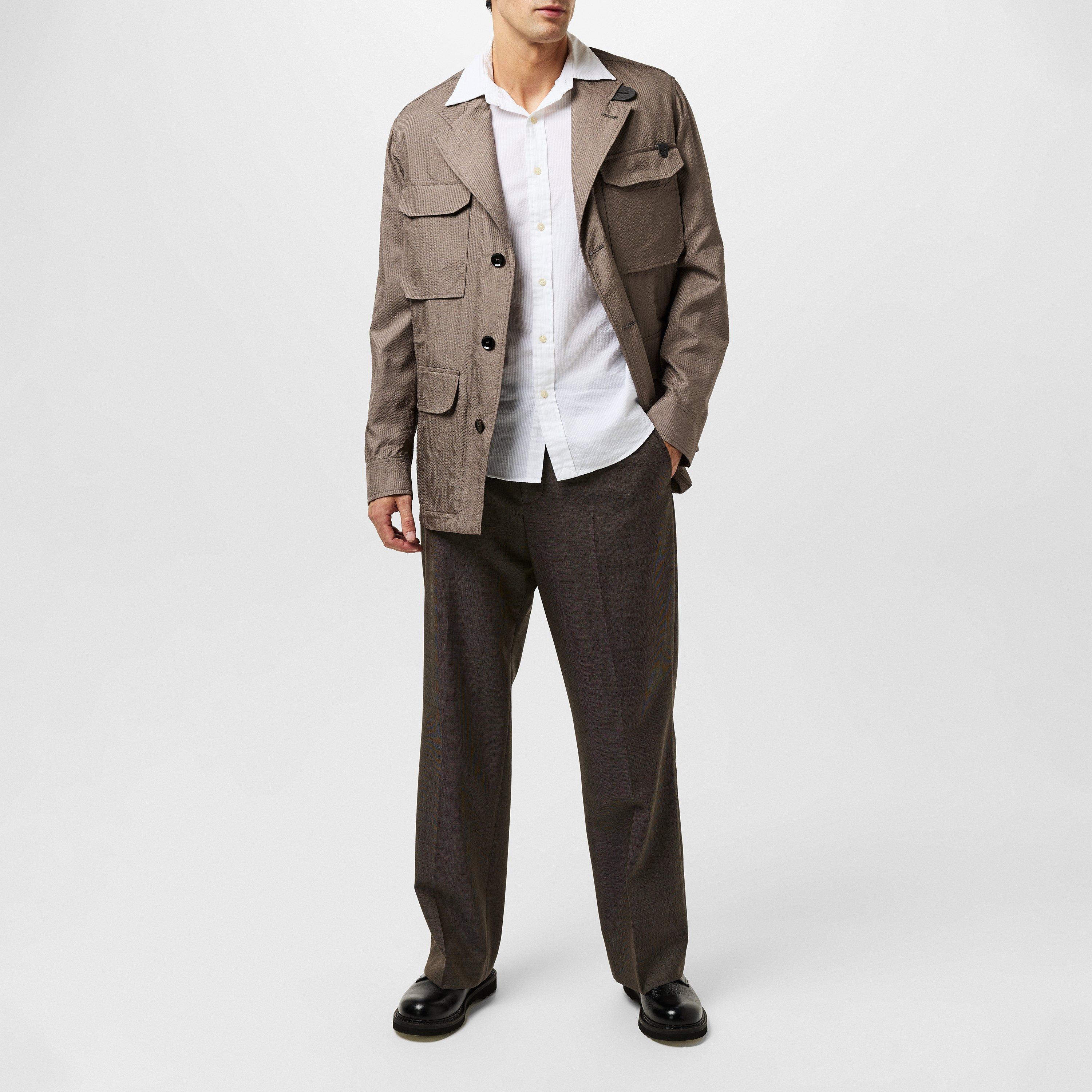 Taupe - Brioni - Men's Seersucker Long Sleeve Blazer - 6