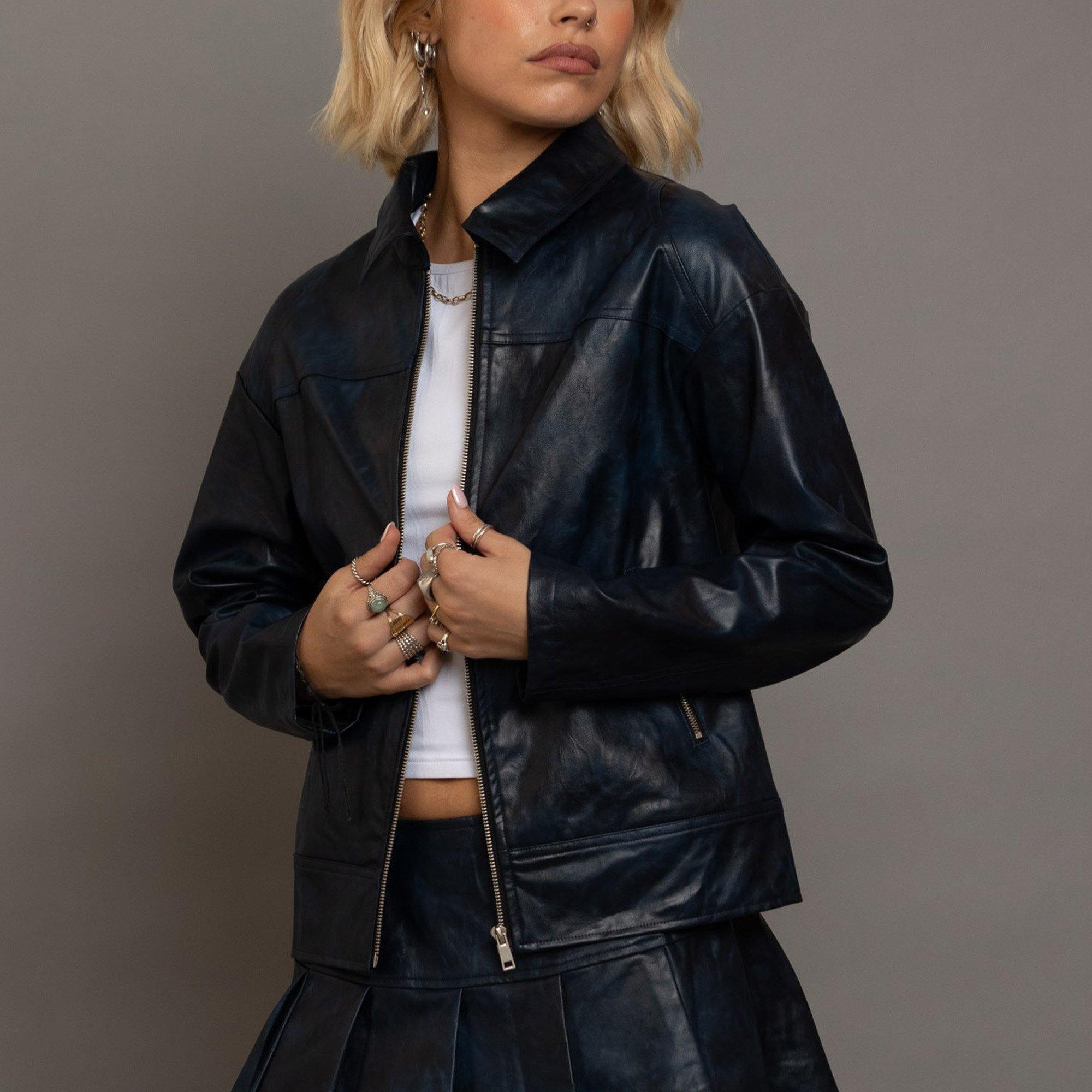 BLUE - Daisy Street - Women's Spray Effect Faux Leather Oversized Fit Leather Jacket - 1