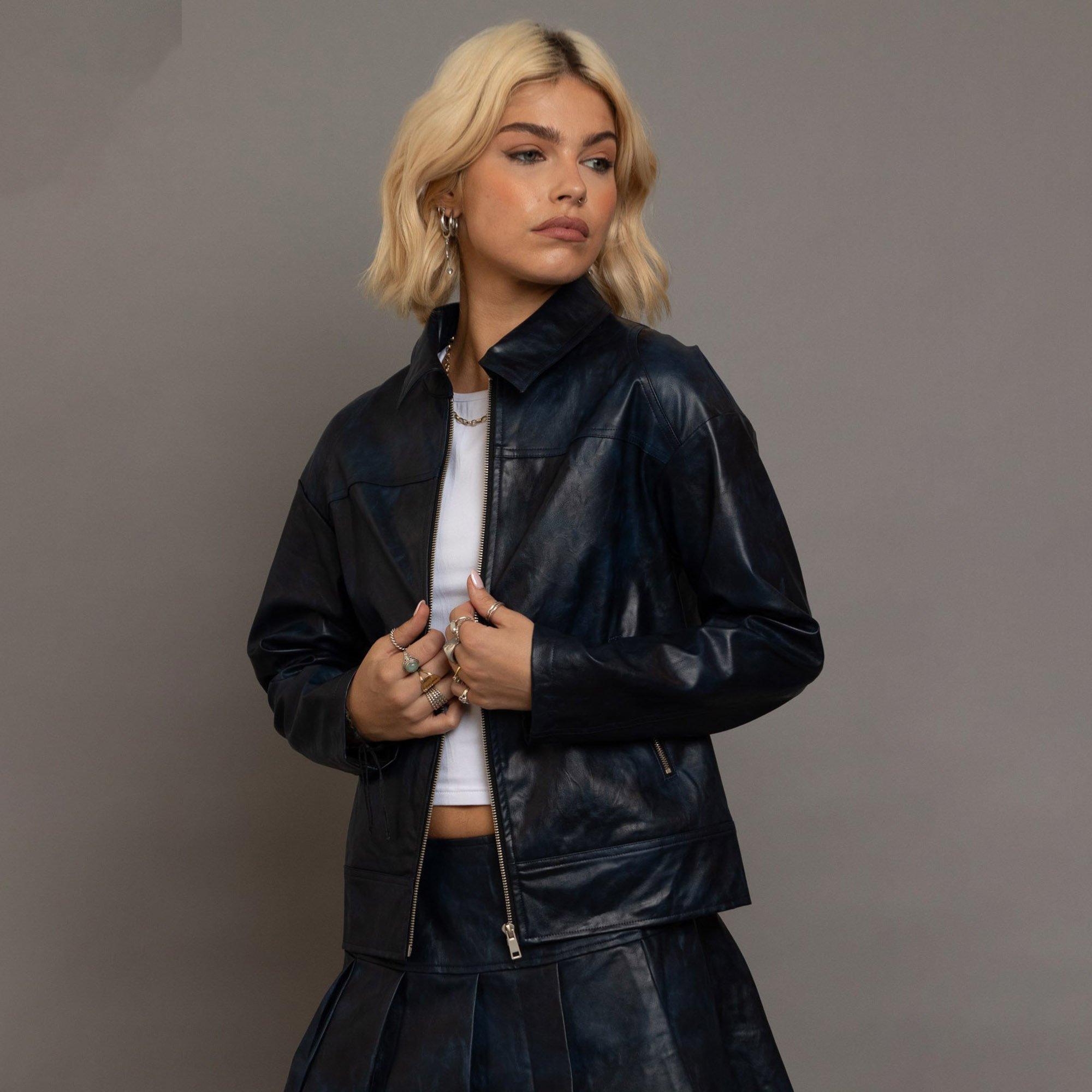 BLUE - Daisy Street - Spray Effect Faux Leather Oversized Fit Leather Jacket - 4