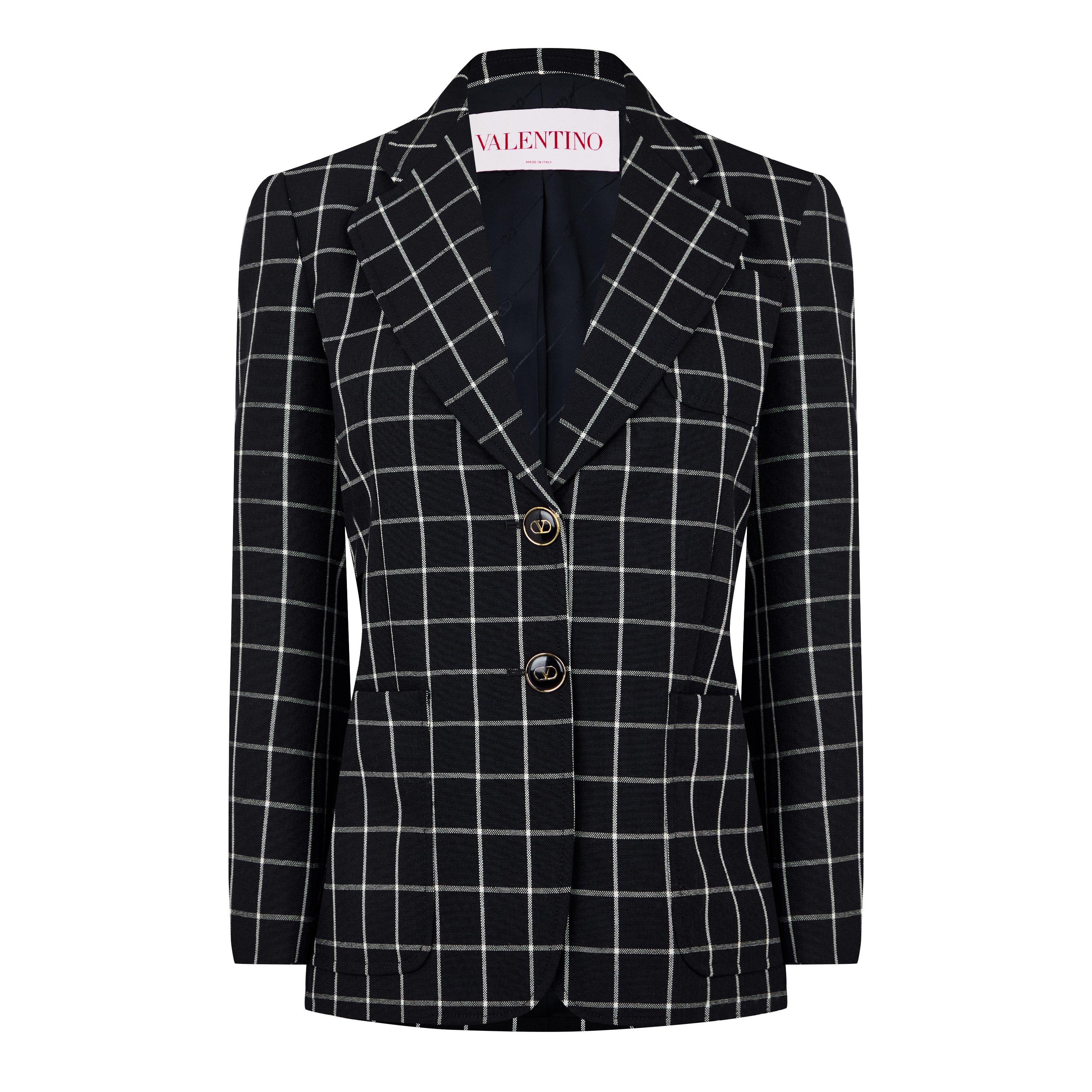 Nero/Avorio - Valentino - Women's Mossi Single Breasted Chequered Wool Long Sleeve Blazer - 1