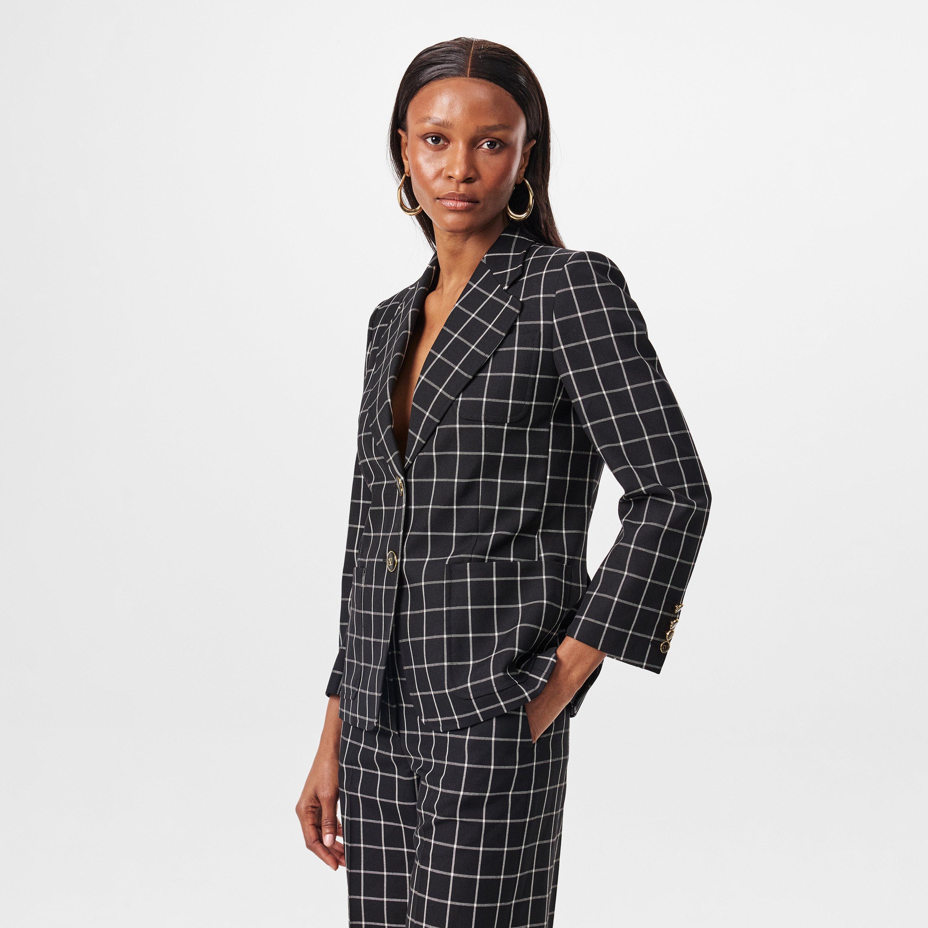 Nero/Avorio - Valentino - Women's Mossi Single Breasted Chequered Wool Long Sleeve Blazer - 3