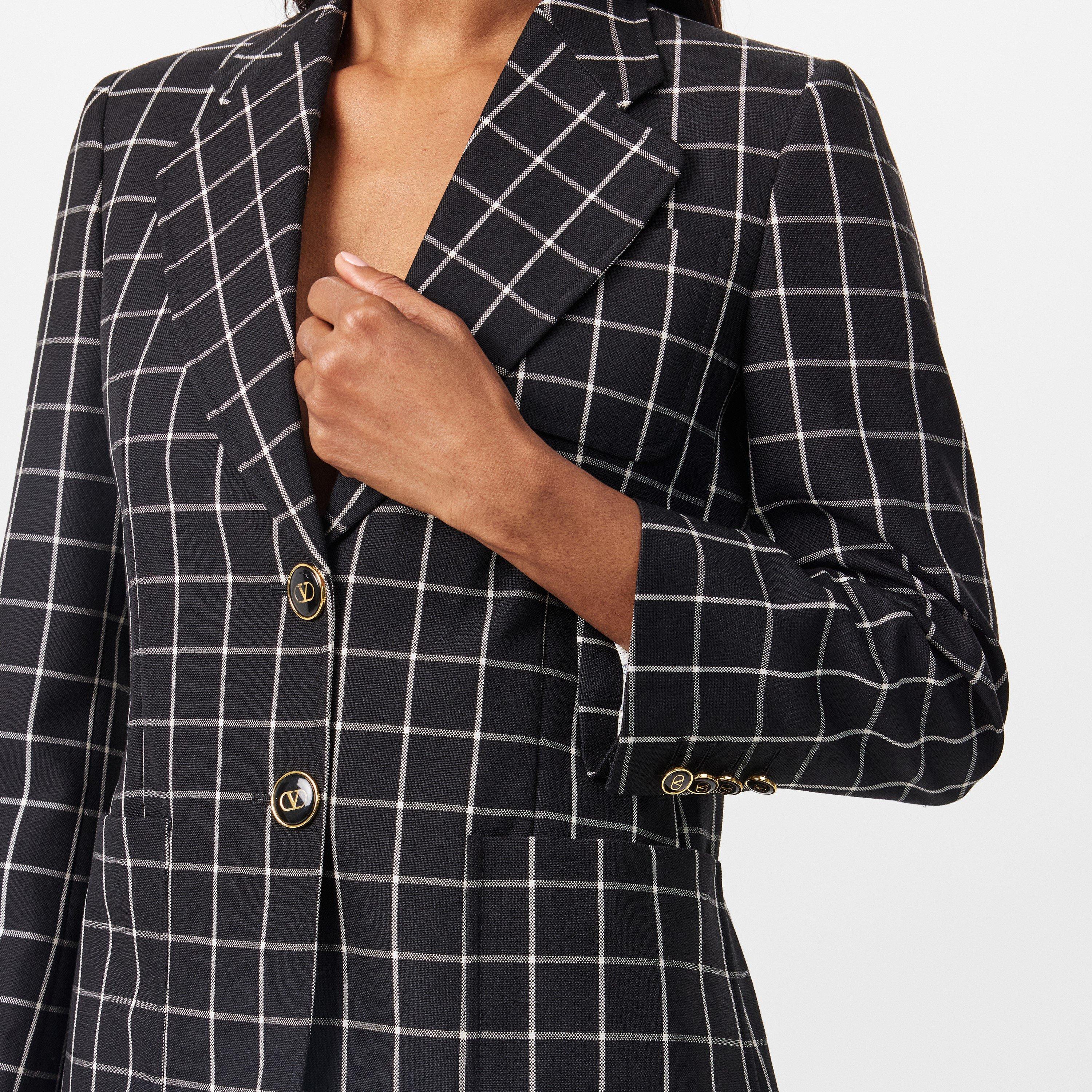 Nero/Avorio - Valentino - Women's Mossi Single Breasted Chequered Wool Long Sleeve Blazer - 5
