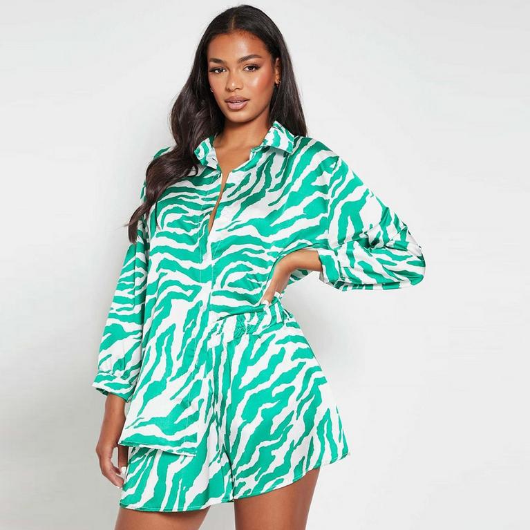 Vert - Womens Just For Chilling Rib Knit Hoodie - ISAWITFIRST Zebra Oversized Printed Satin Shirt - 1