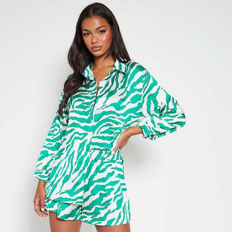 Vert - Womens Just For Chilling Rib Knit Hoodie - ISAWITFIRST Zebra Oversized Printed Satin Shirt - 2