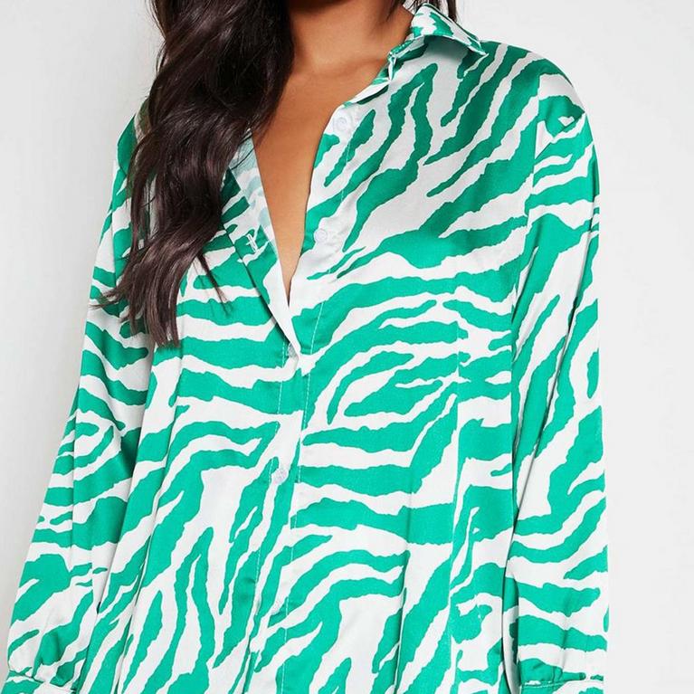 Vert - Womens Just For Chilling Rib Knit Hoodie - ISAWITFIRST Zebra Oversized Printed Satin Shirt - 5
