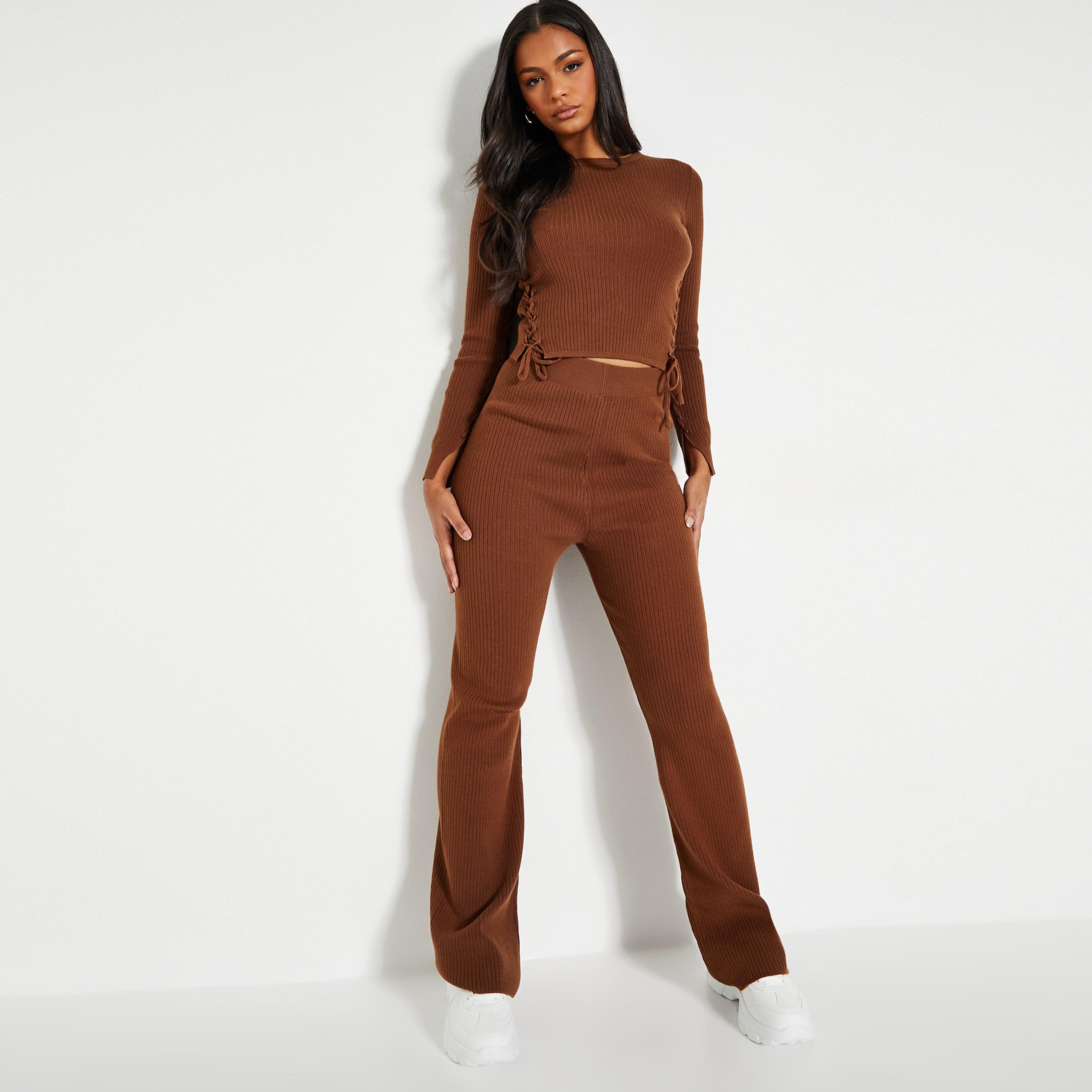 Cioccolato - I Saw It First - ISAWITFIRST Lace Up Top and Straight Leg Knit Trousers Co Ord Set - 1