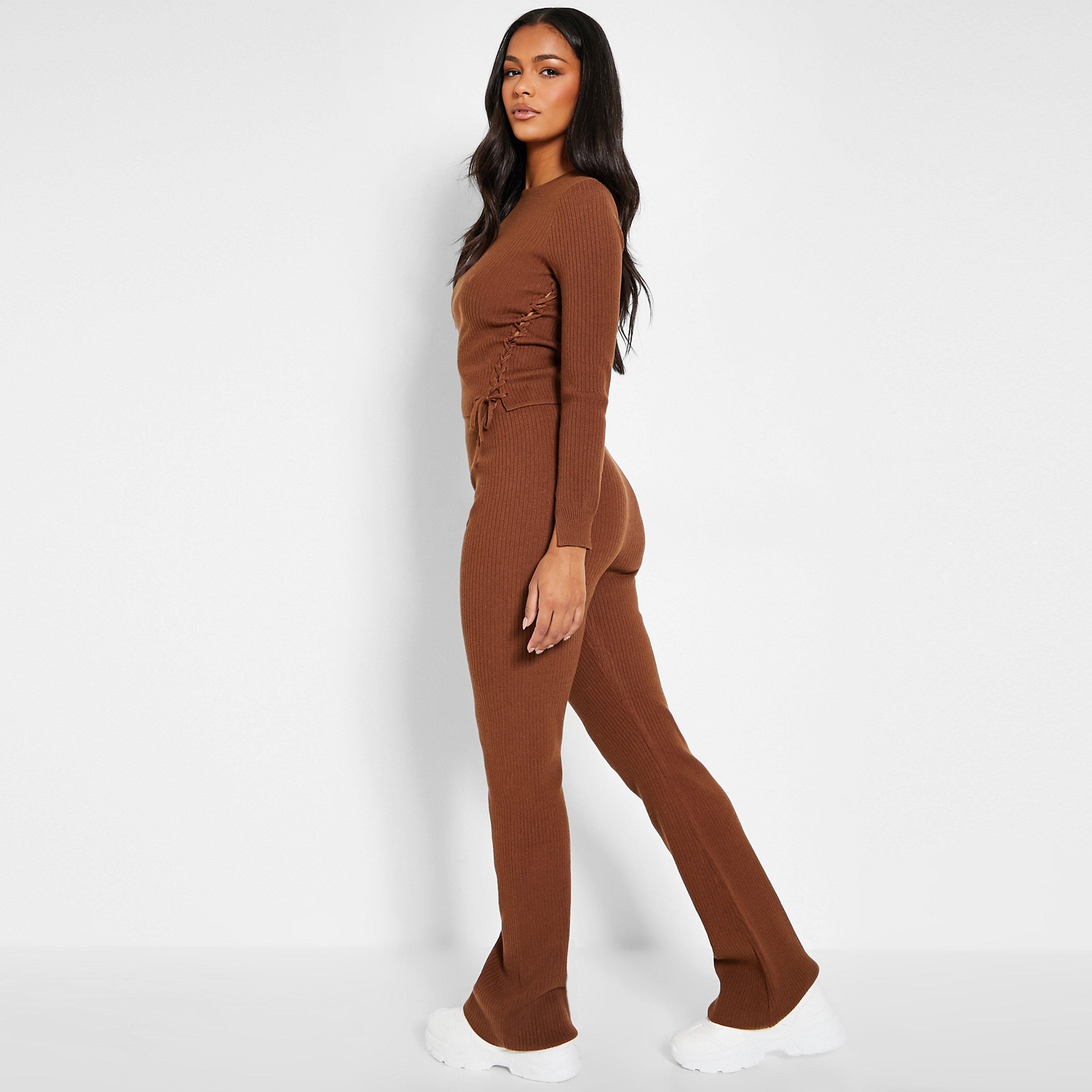 Cioccolato - I Saw It First - ISAWITFIRST Lace Up Top and Straight Leg Knit Trousers Co Ord Set - 2