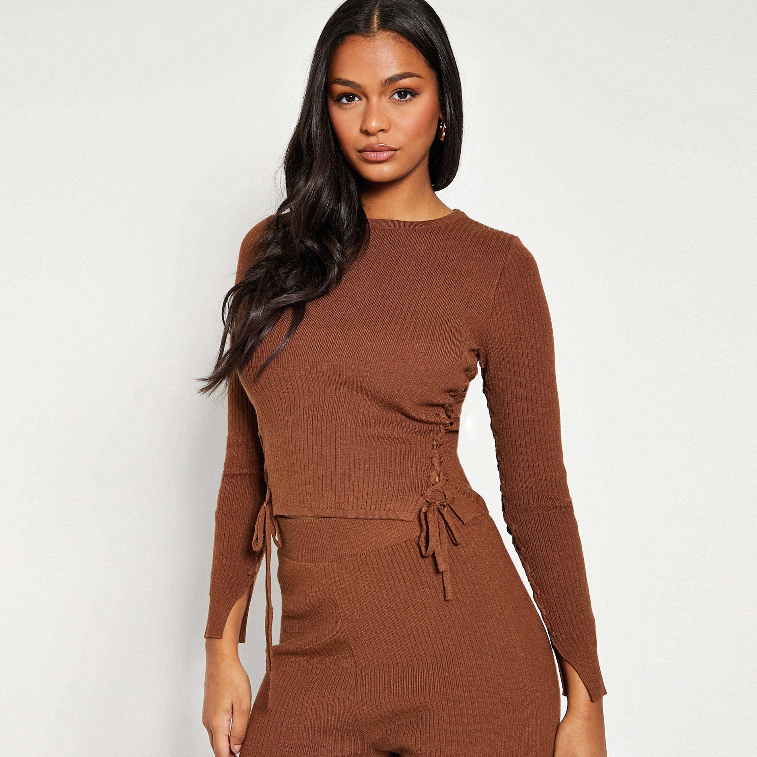 Cioccolato - I Saw It First - ISAWITFIRST Lace Up Top and Straight Leg Knit Trousers Co Ord Set - 4