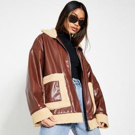 I Saw It First ISAWITFIRST Faux Leather Borg Lined Zip Up Jacket