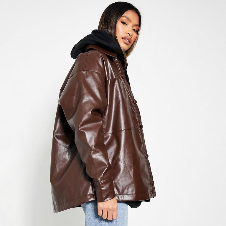 Chocolat - I Saw It First - ISAWITFIRST Faux Leather Pocket Detail Oversized Shacket - 2