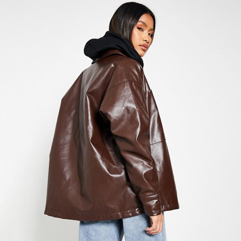 Chocolat - I Saw It First - ISAWITFIRST Faux Leather Pocket Detail Oversized Shacket - 3