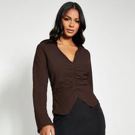 I Saw It First ISAWITFIRST Textured Woven Plunge Ruched Shirt