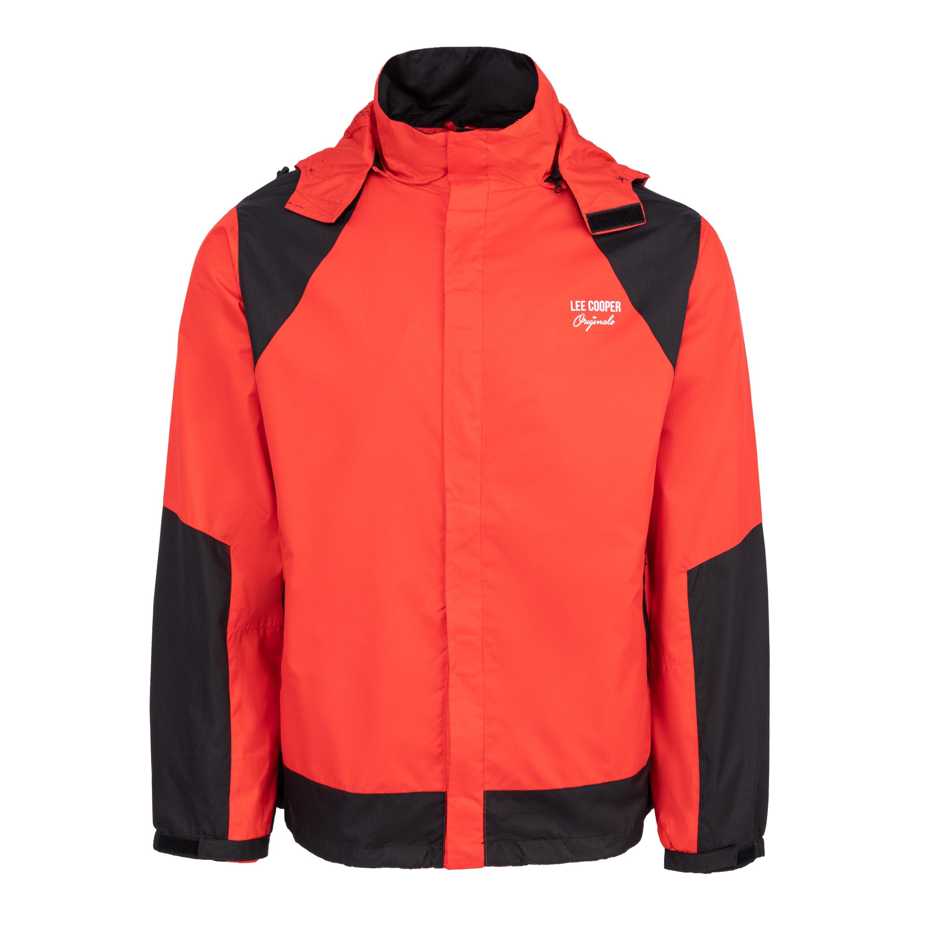 Red/Black - Lee Cooper - Men's Lightweight Waterproof Windproof Detachable Hood Long Sleeve Rain Anorak - 1