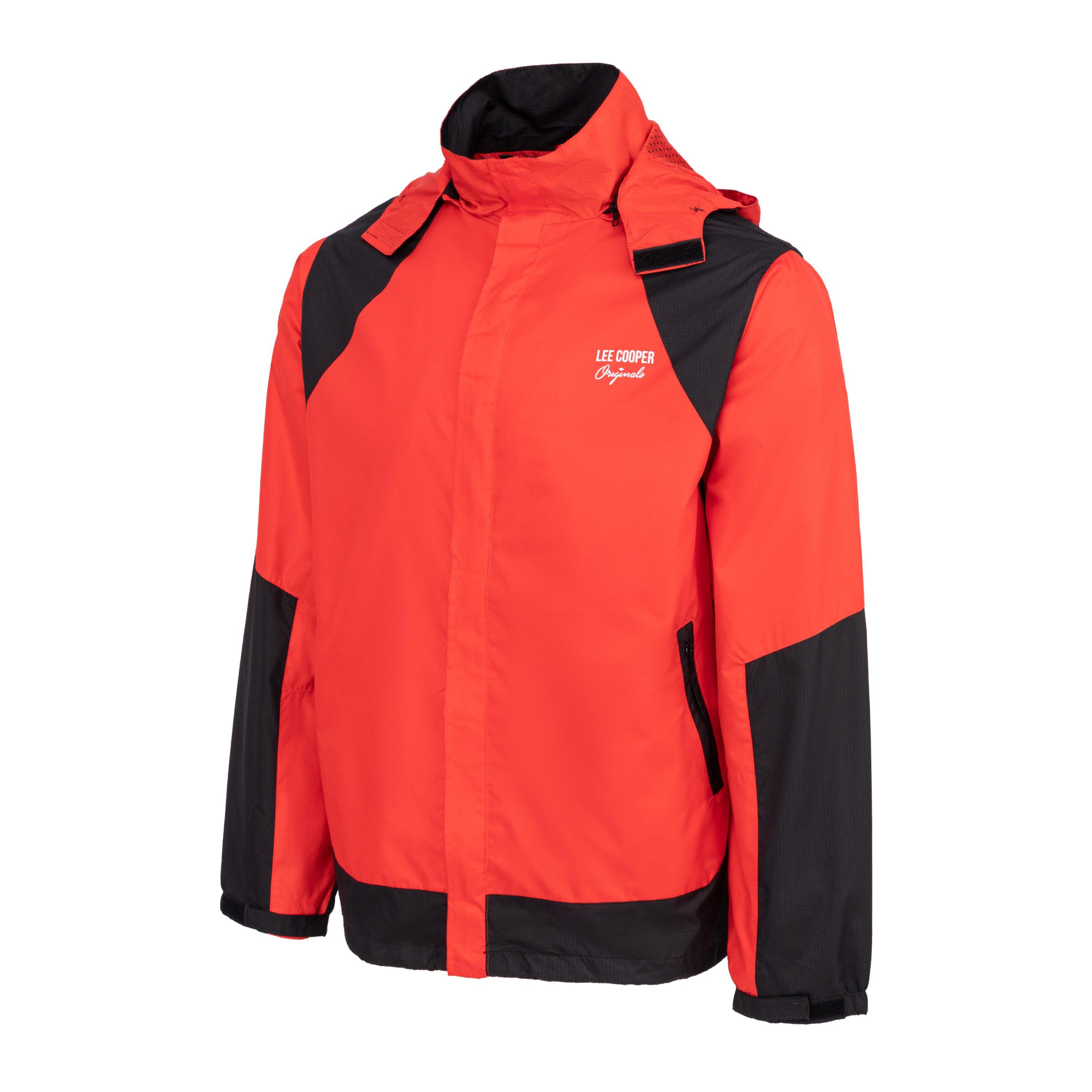 Red/Black - Lee Cooper - Men's Lightweight Waterproof Windproof Detachable Hood Long Sleeve Rain Anorak - 3
