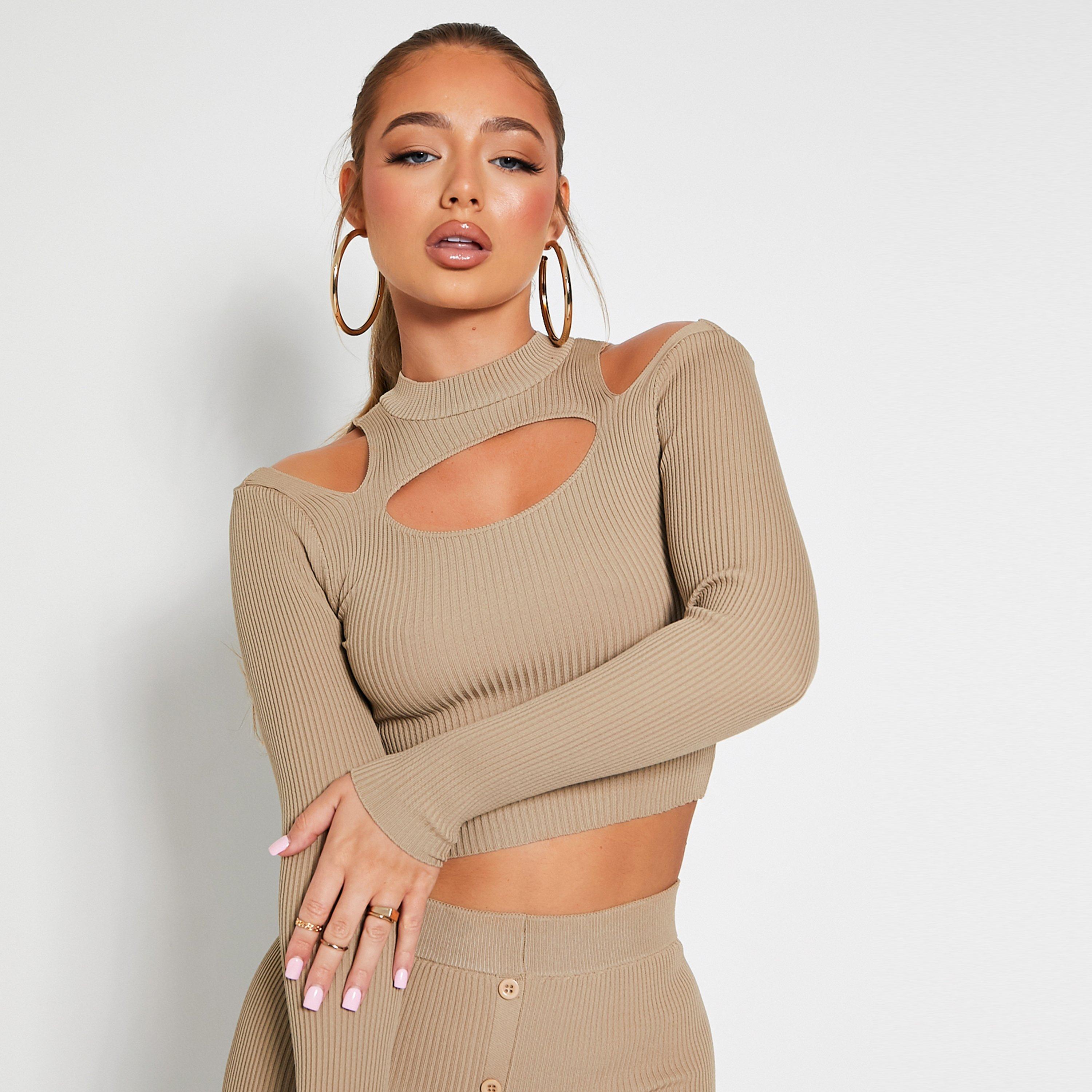 Stone - I Saw It First - ISAWITFIRST Rib Cold Shoulder Cut Out Knit Crop Top - 1