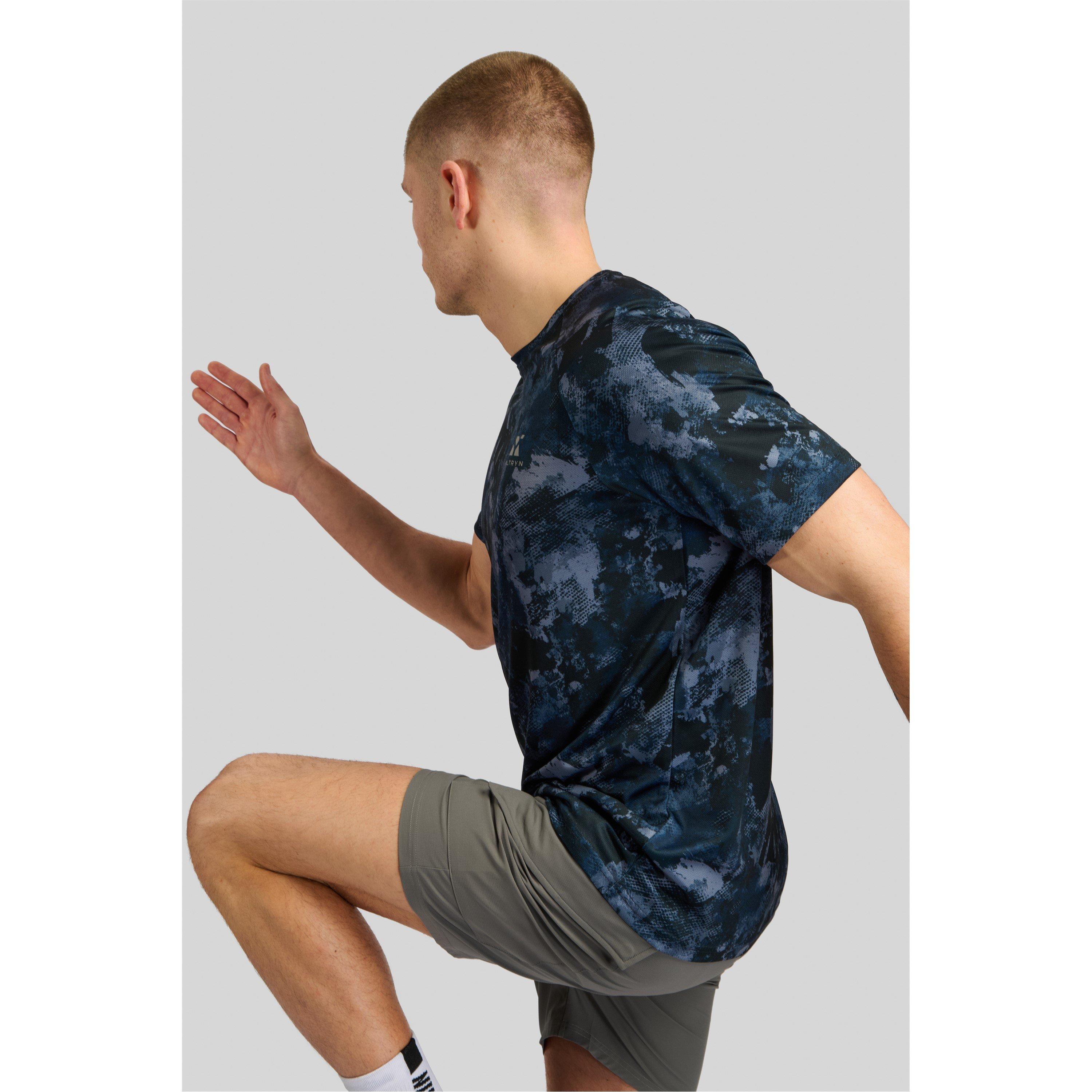 Azul Marinho - ALTRYN - Brush Print Short-Sleeve Performance Gym Top - 3