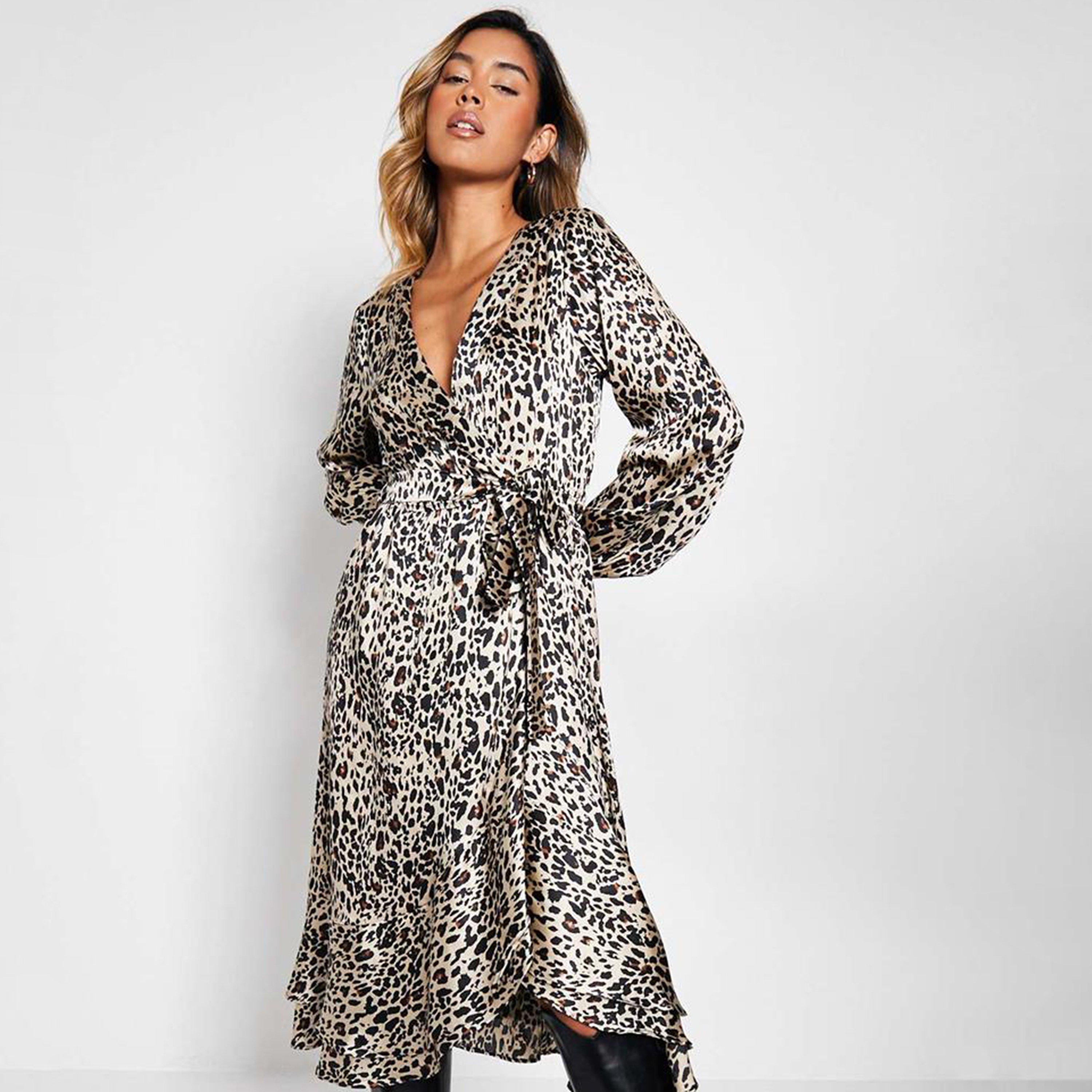 Beige - I Saw It First - ISAWITFIRST Satin  Leopard Wrap Tie Waist  Frill Hem Midi Dress - 1