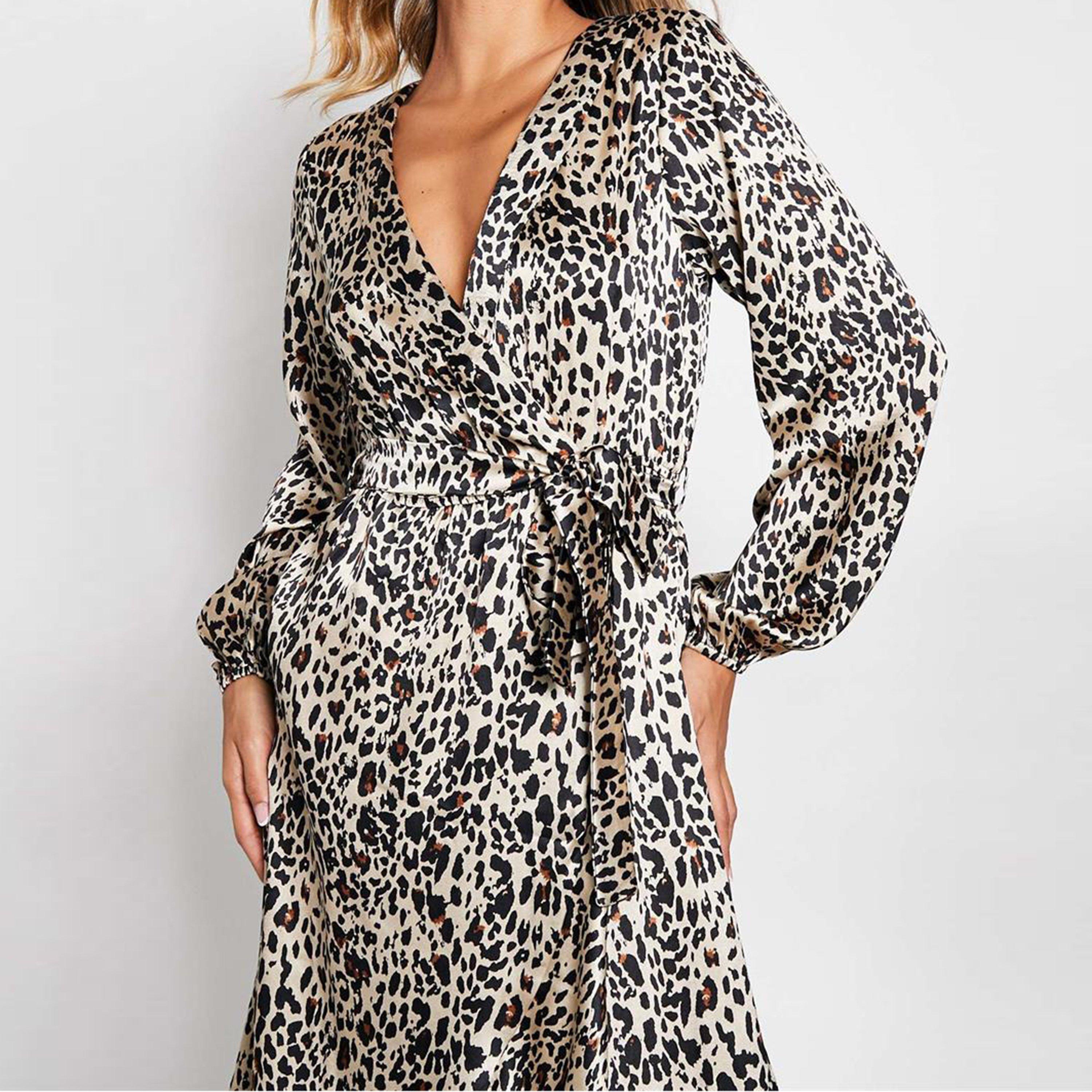 Beige - I Saw It First - ISAWITFIRST Satin  Leopard Wrap Tie Waist  Frill Hem Midi Dress - 2