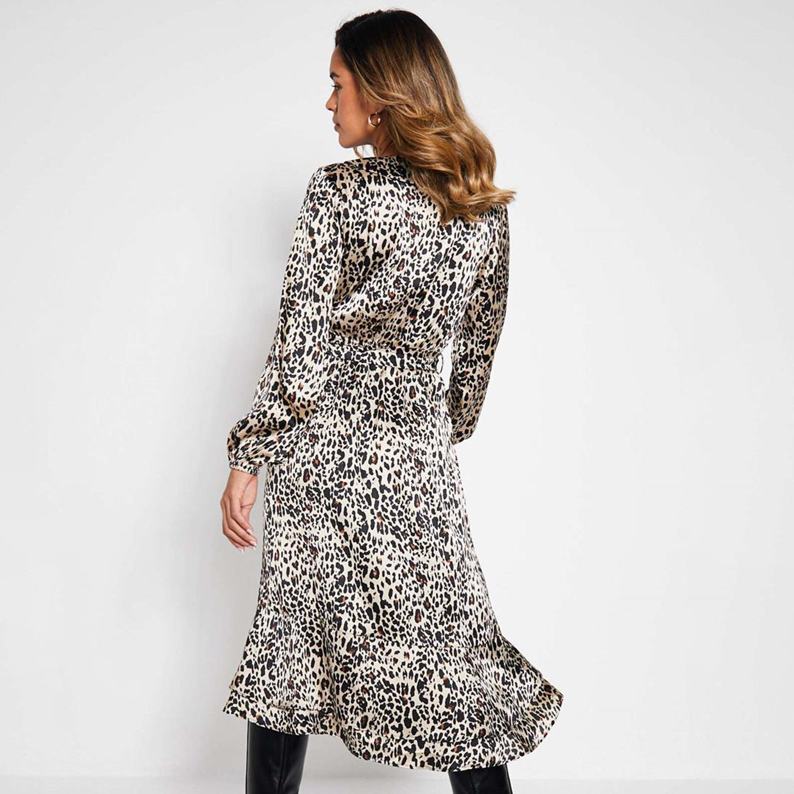 Beige - I Saw It First - ISAWITFIRST Satin  Leopard Wrap Tie Waist  Frill Hem Midi Dress - 4