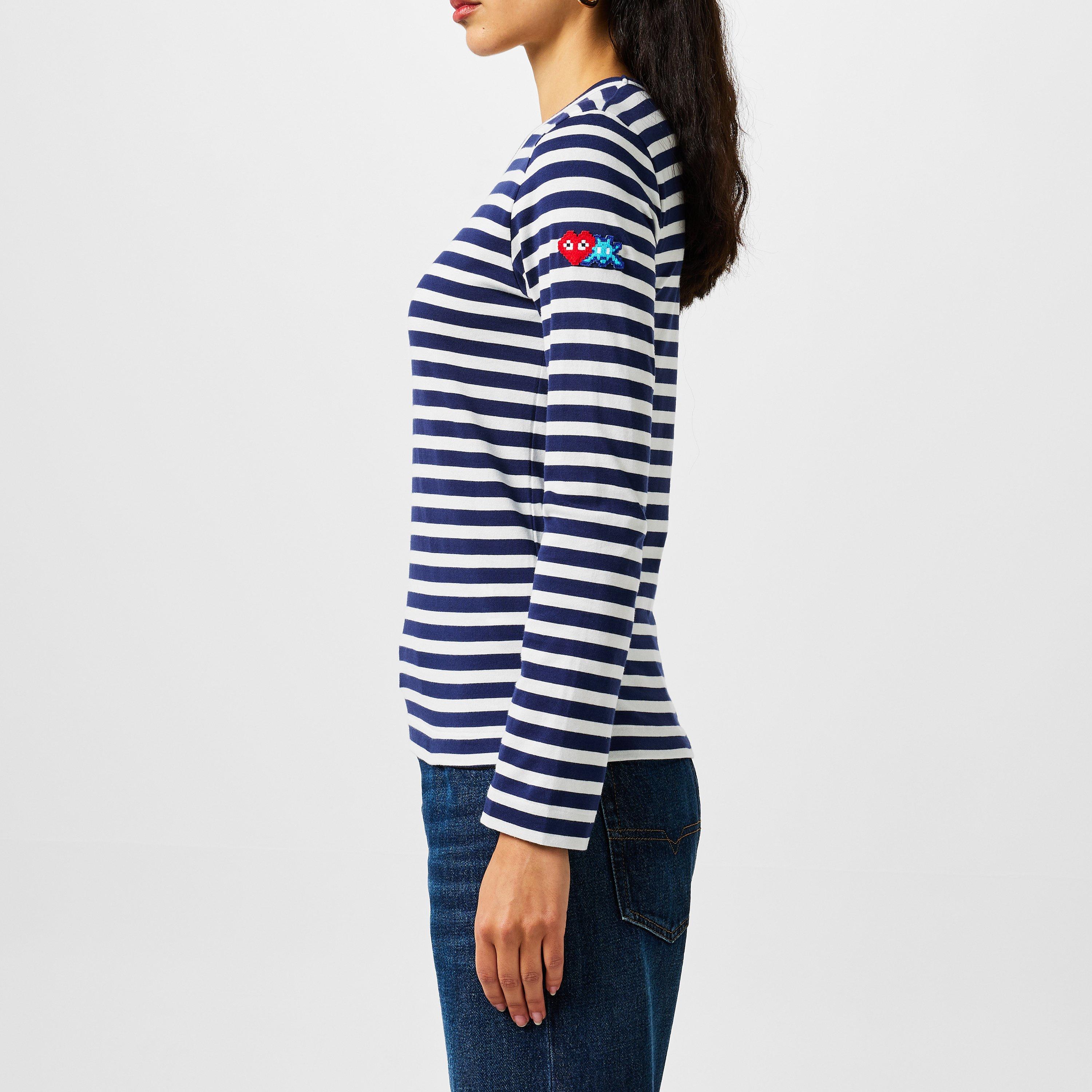 Blue/White 1 - Comme des Garcons PLAY - Striped Heart Logo T-Shirt - 2