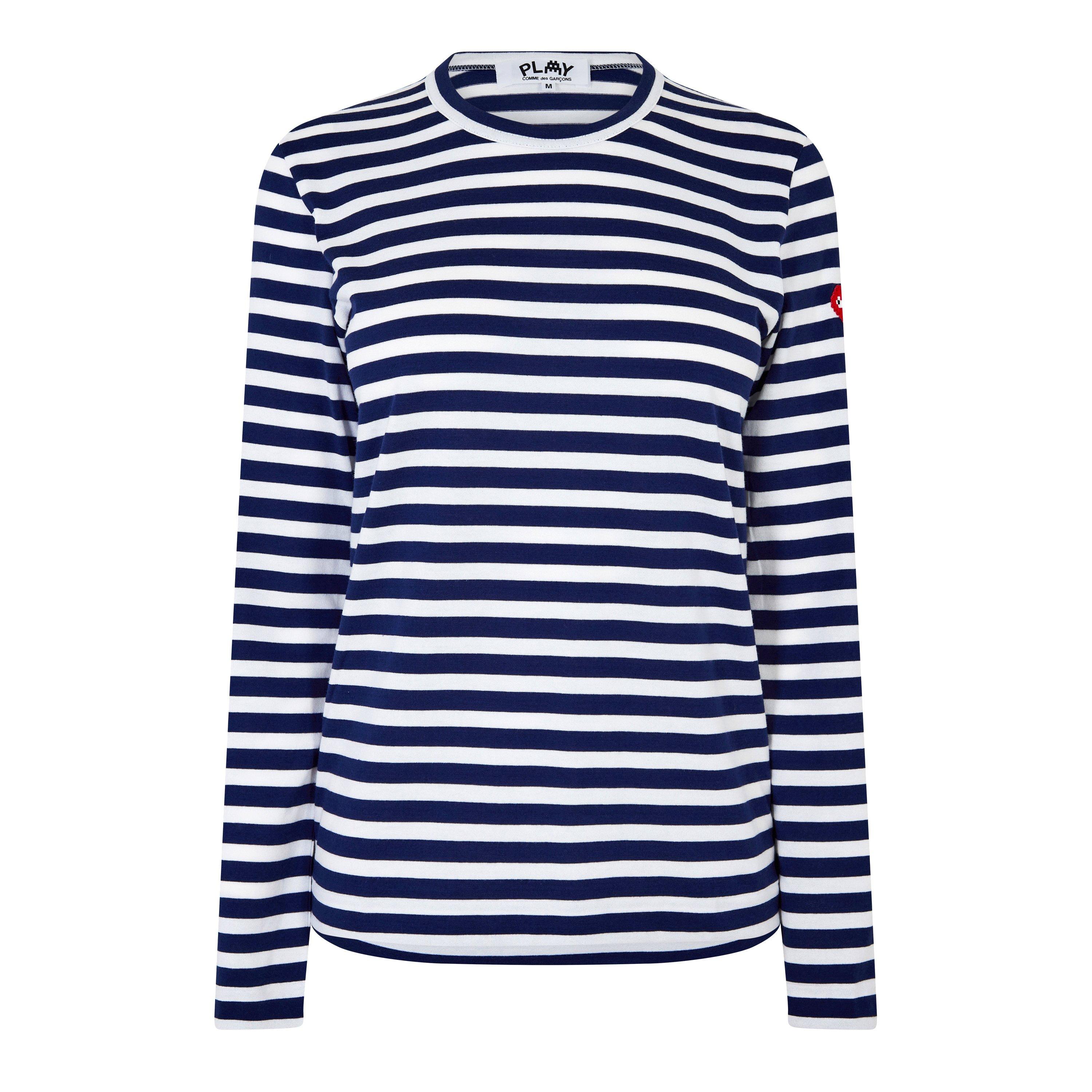 Blue/White 1 - Comme des Garcons PLAY - Striped Heart Logo T-Shirt - 5