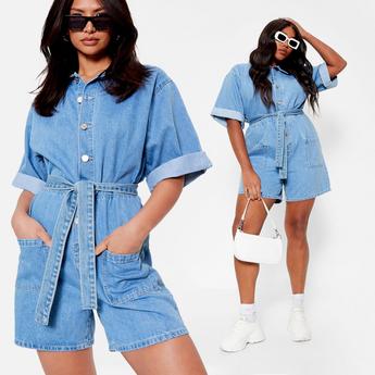 I Saw It First ISAWITFIRST Button Front Belted Denim Playsuit