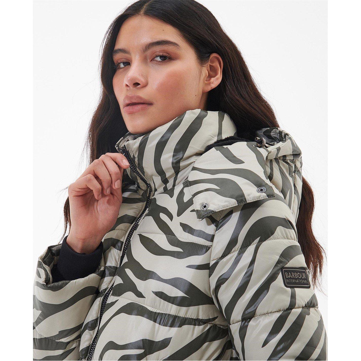 Envy Zebra - Barbour International - Women's Chicago Printed Quilted Detachable Hood Oversized Fit Short Puffer Jacket - 5