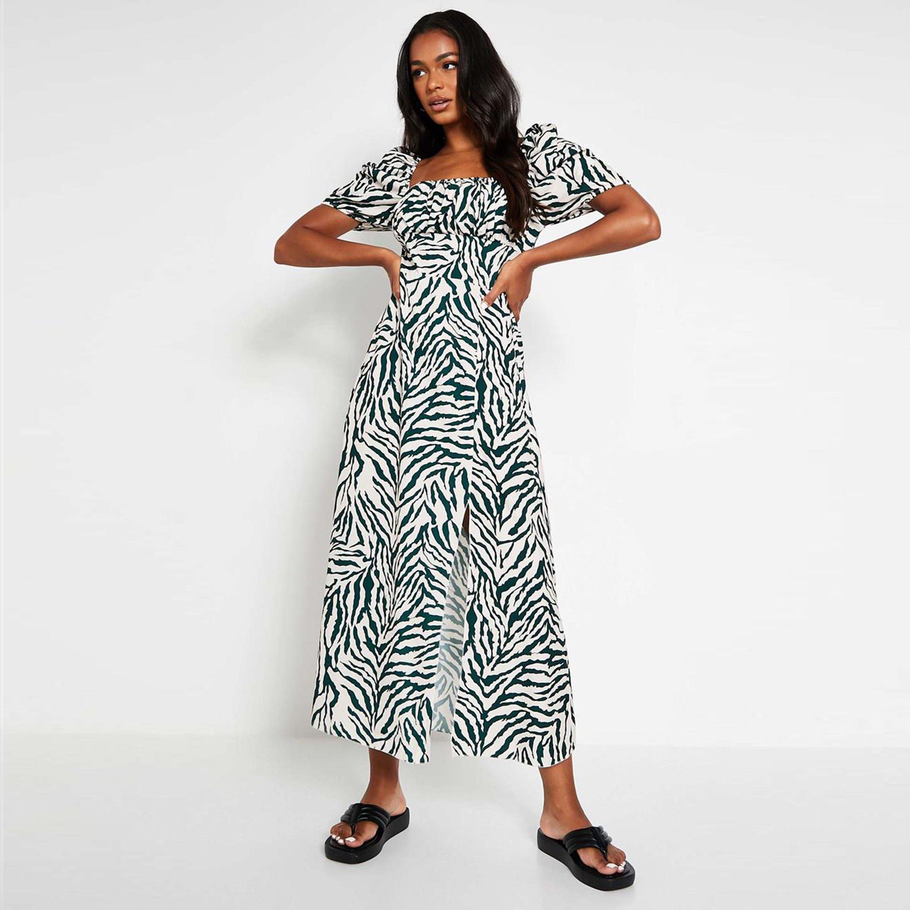 I Saw It First Zebra Print Square Neck Short Puff Sleeve Midi Dress