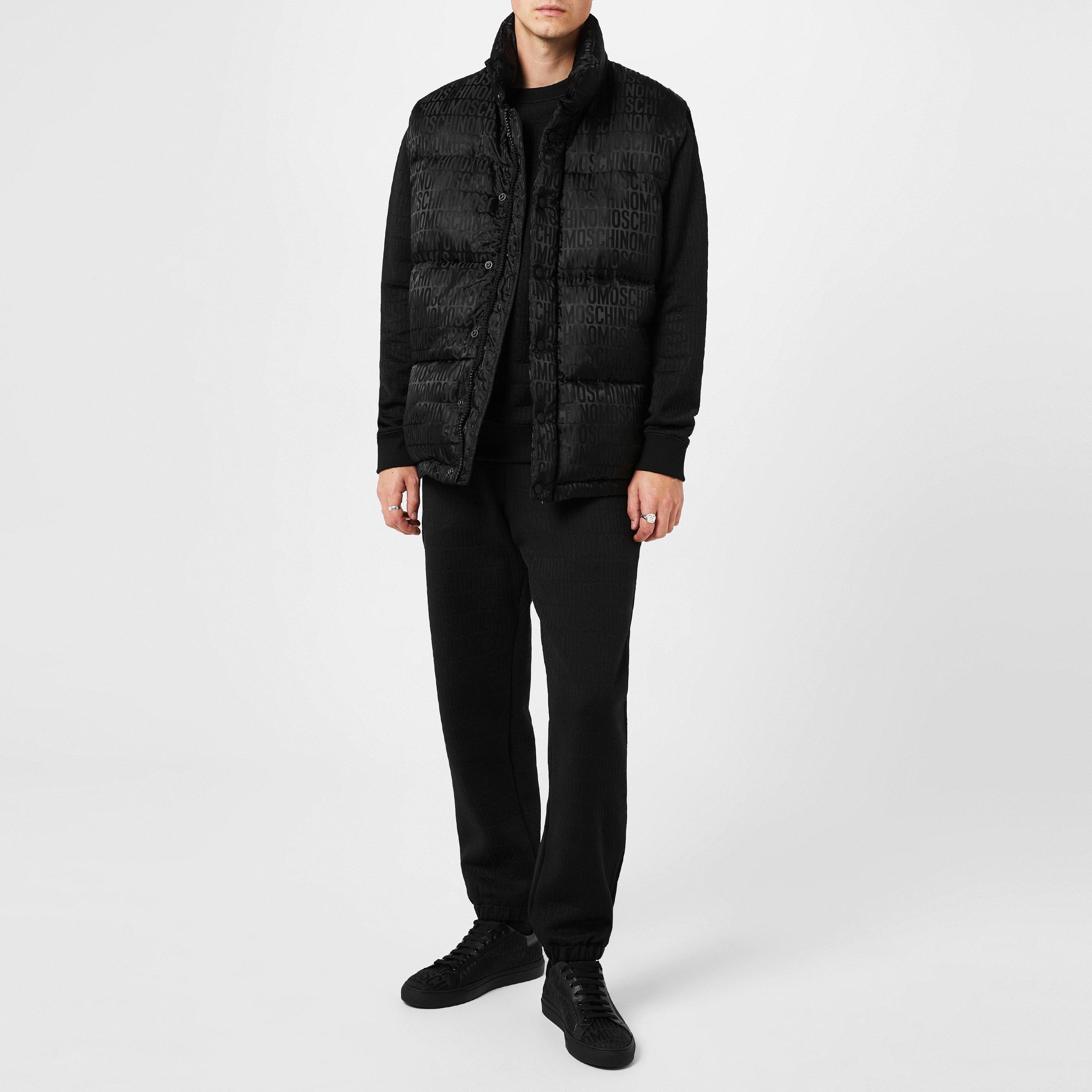 Black - Moschino - Men's All Over Logo Waterproof Padded Funnel Neck Sleeveless Gilet - 2