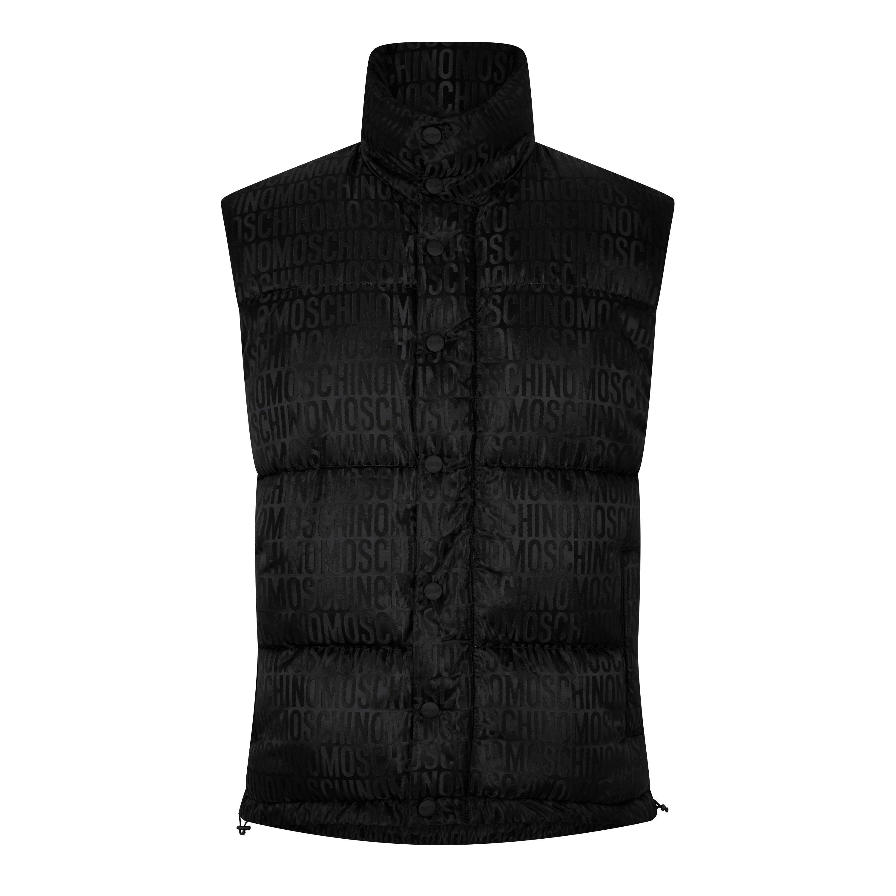 Black - Moschino - Men's All Over Logo Waterproof Padded Funnel Neck Sleeveless Gilet - 4